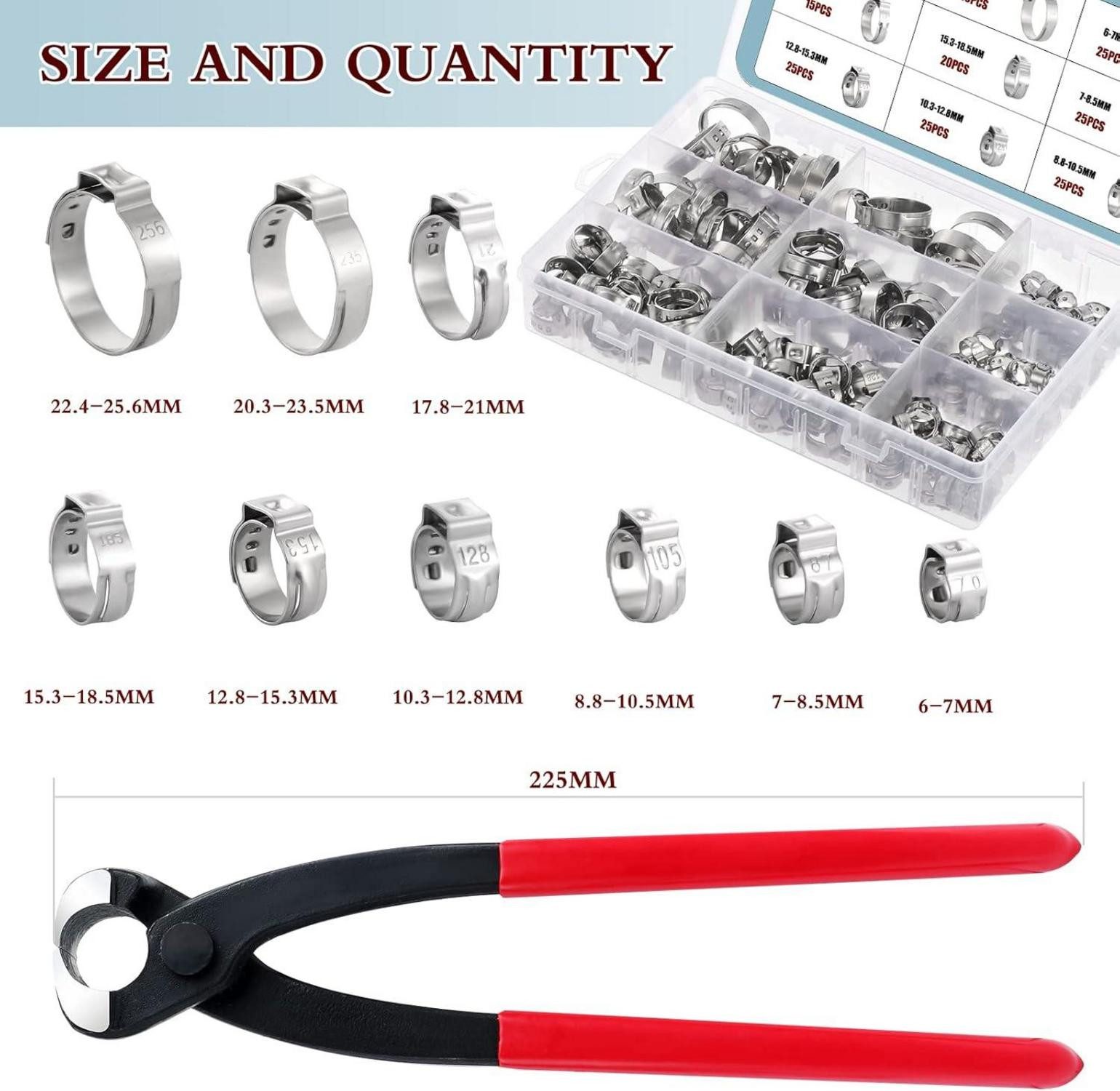 Thumbnail - LuxusKollektion Multitool 180-teiliges Edelstahl Einohr-Schlauchschellen Set 6-25,6mm