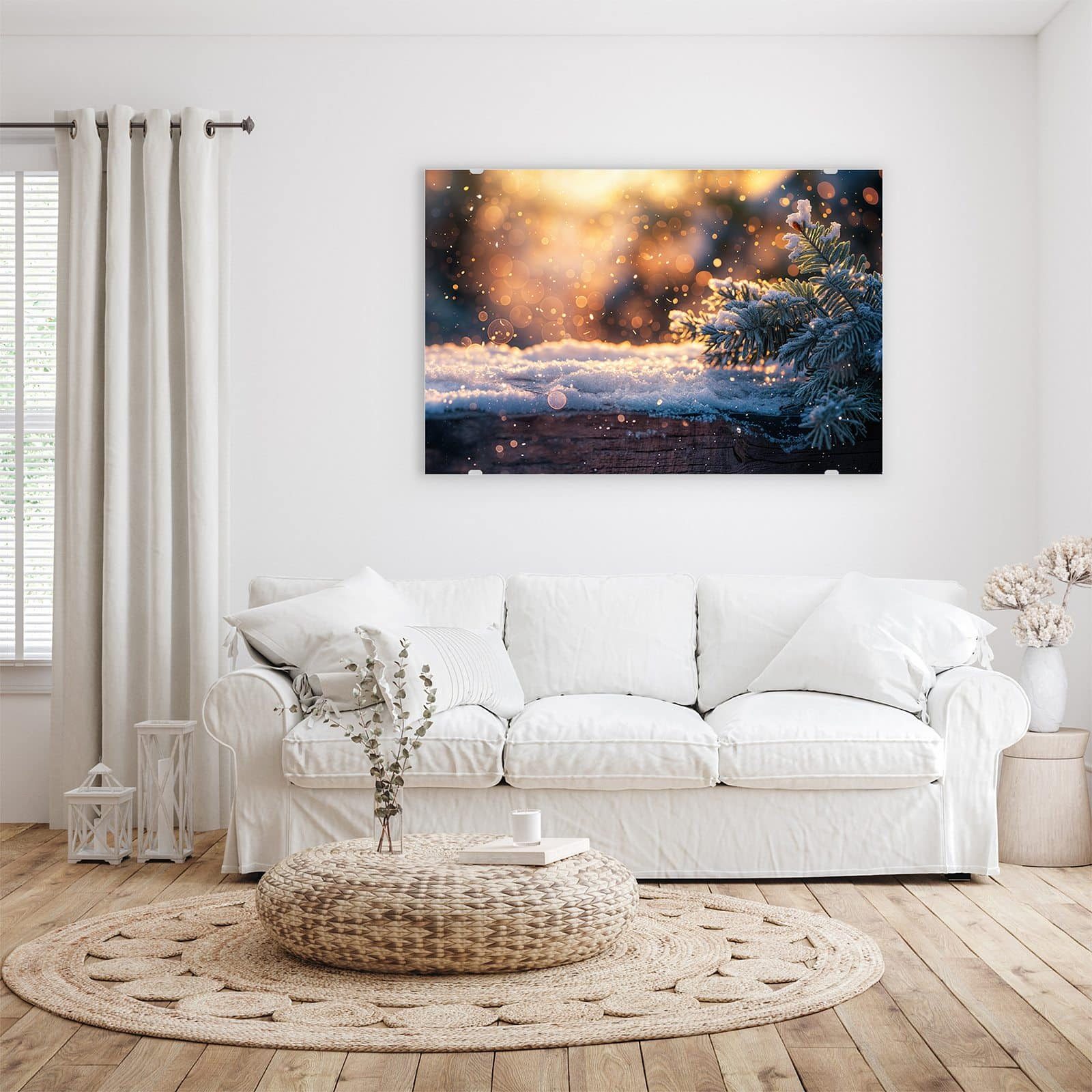 Primedeco Glasbild Wandbild Winterzweig Schnee mit Aufhängung, Jahreszeiten (21 verschiedene Größen, 1 St), Elegante Aufhängung