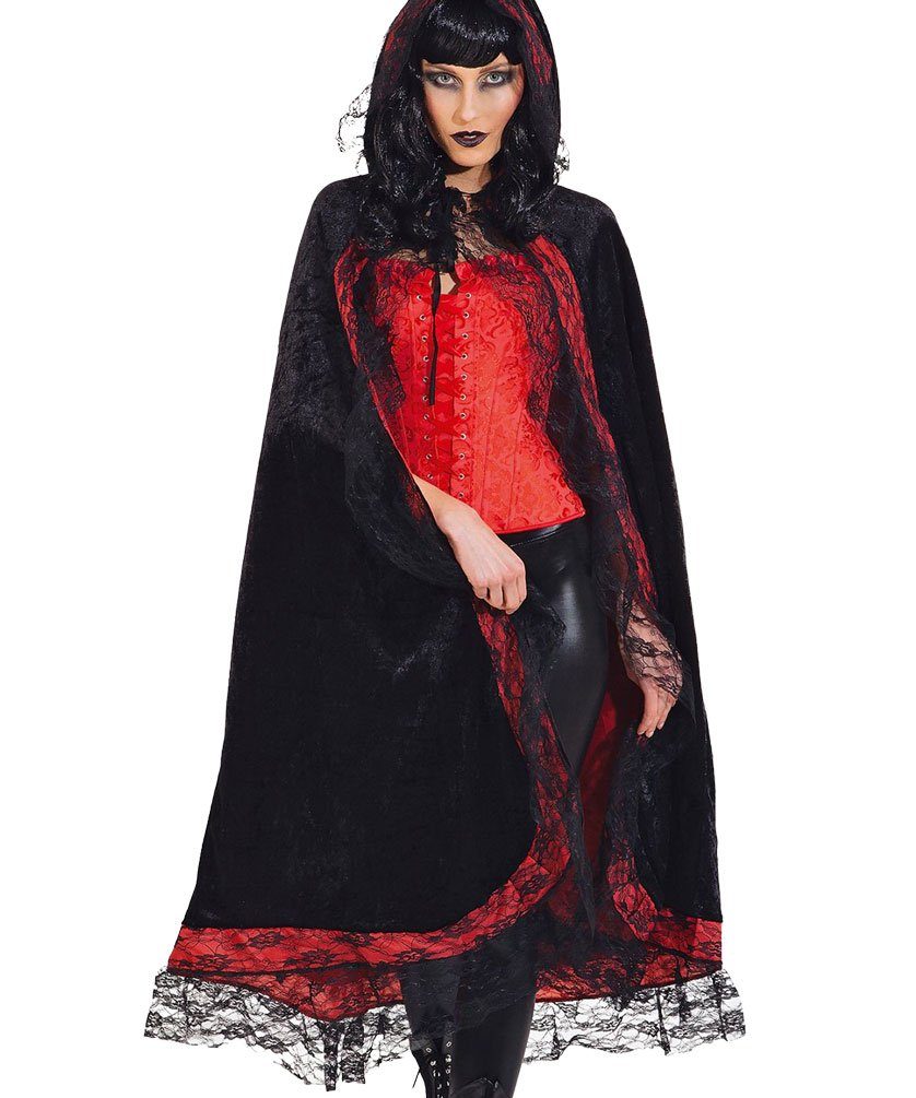 Karneval-Klamotten Vampir-Kostüm Damen Vampir Umhang mit Kapuze schwarz rot Spitze, Vampirin Dracula Kleid Frauenkostüm Halloween Karneval