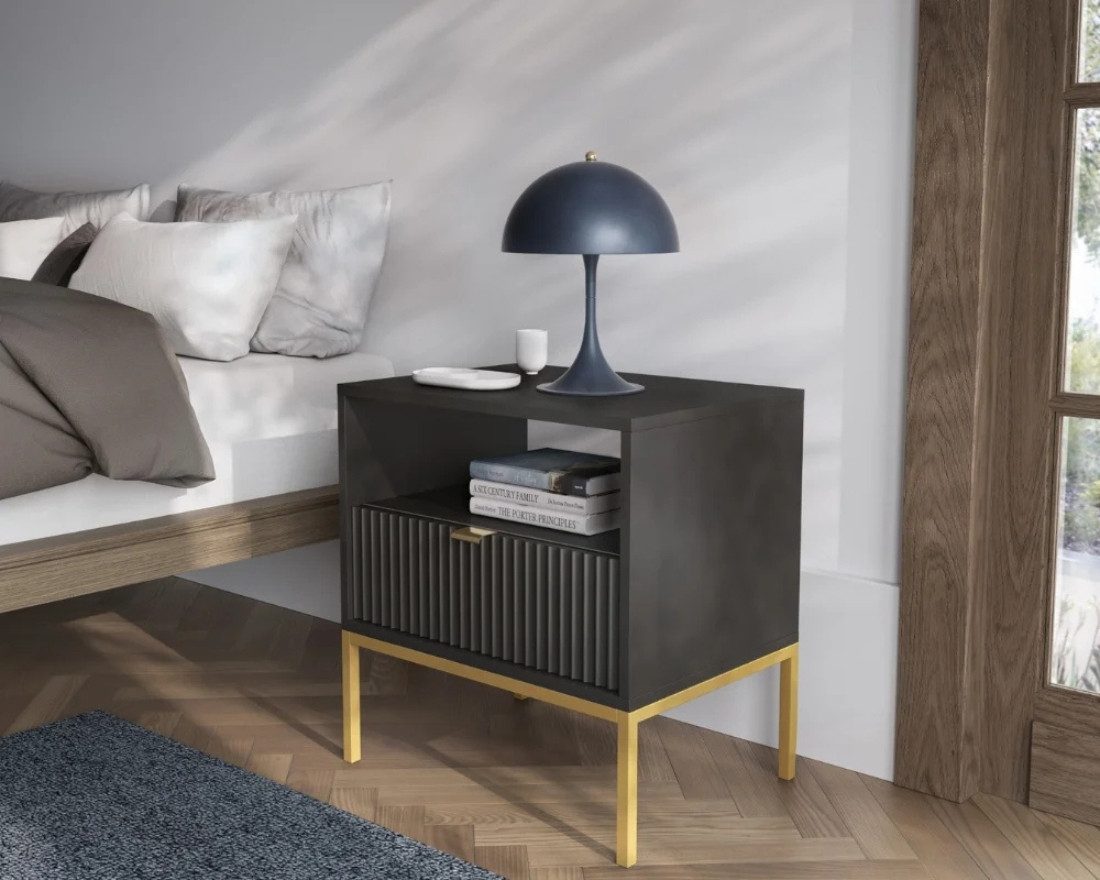 Deine Möbel 24 Nachttisch NOVO S54 54/56/39 cm Nachtkommode Weiß Grau Schwarz Premium (Set, 1-St., Schlafzimmer Goldene Griffe), geriffelte Fronten mit Schublade