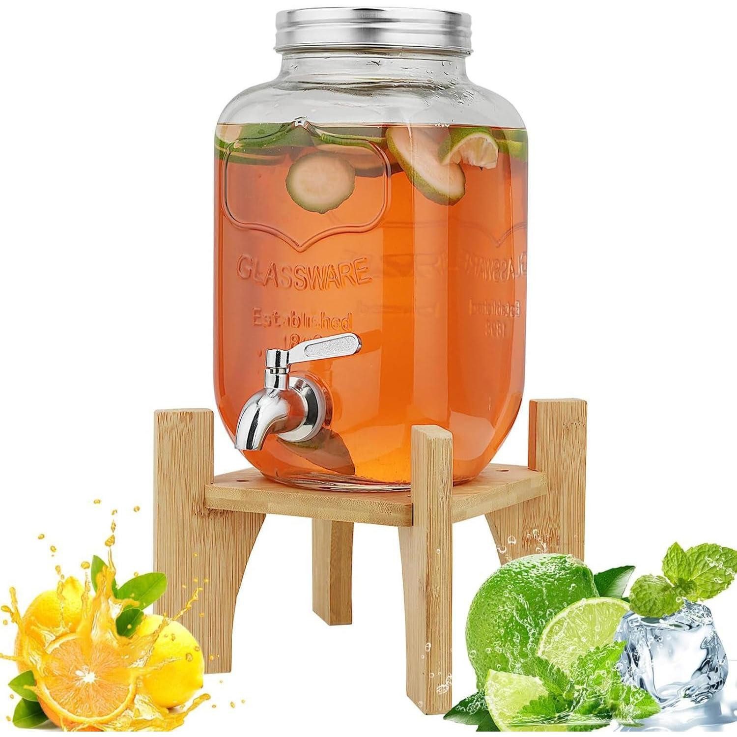 Wasserkrug Getränkespender 8L mit Ständer und Zapfhahn aus Edelstahl, Glasflasche