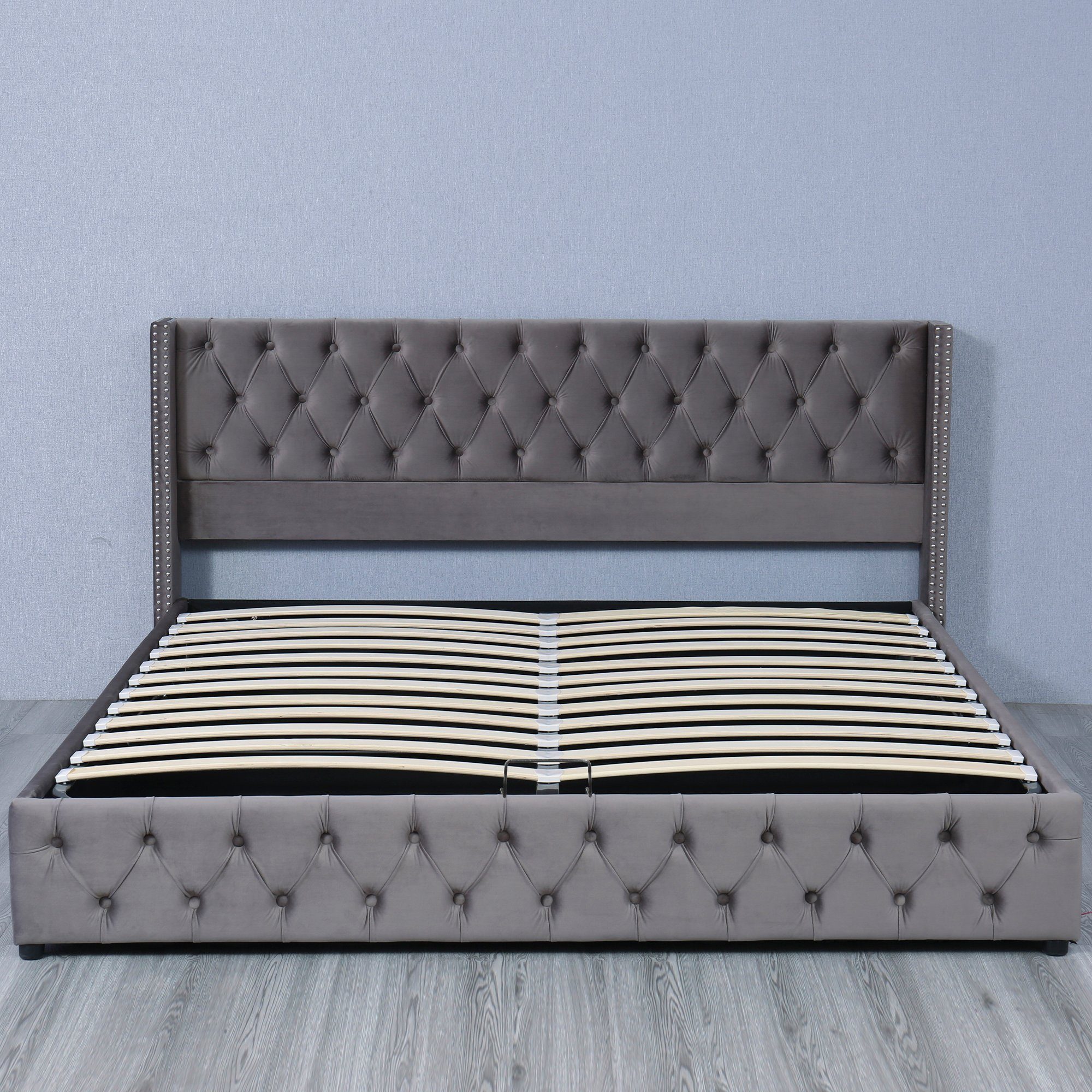 Boxspringbett, Hydraulisches Polsterbett Doppelbett mit Bettkasten und Lattenrost, 180 x 200 cm Funktionsbett, Grau Samtbezug, Gepolstertes Kopfteil, ohne Matratze