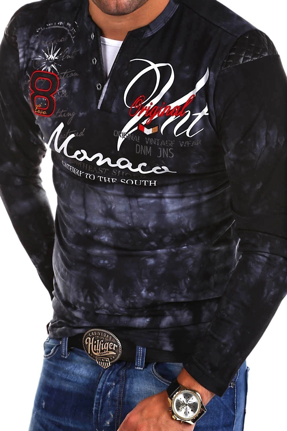 P-Monaco mit behype Langarmshirt Stickereien schwarz und Prints