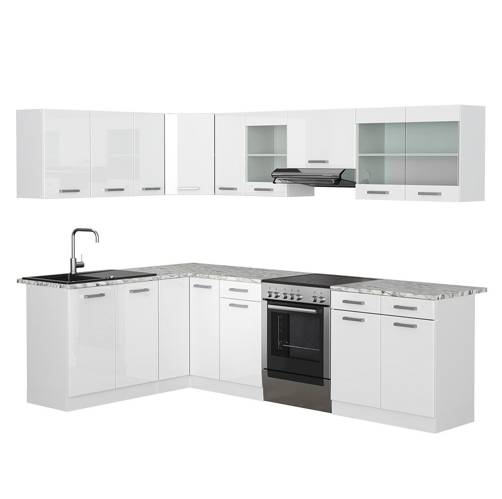 Vicco Winkelküche R-Line, Weiß Hochglanz/Weiß, 267 x 167 cm, AP Marmor
