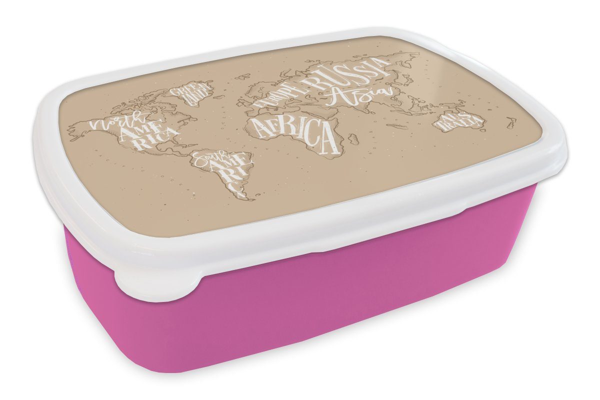 Snackbox, Lunchbox Weiß, Erwachsene, für Brotbox Buchstaben (2-tlg), Kunststoff MuchoWow Kinder, Weltkarte Kunststoff, - Mädchen, - Brotdose rosa
