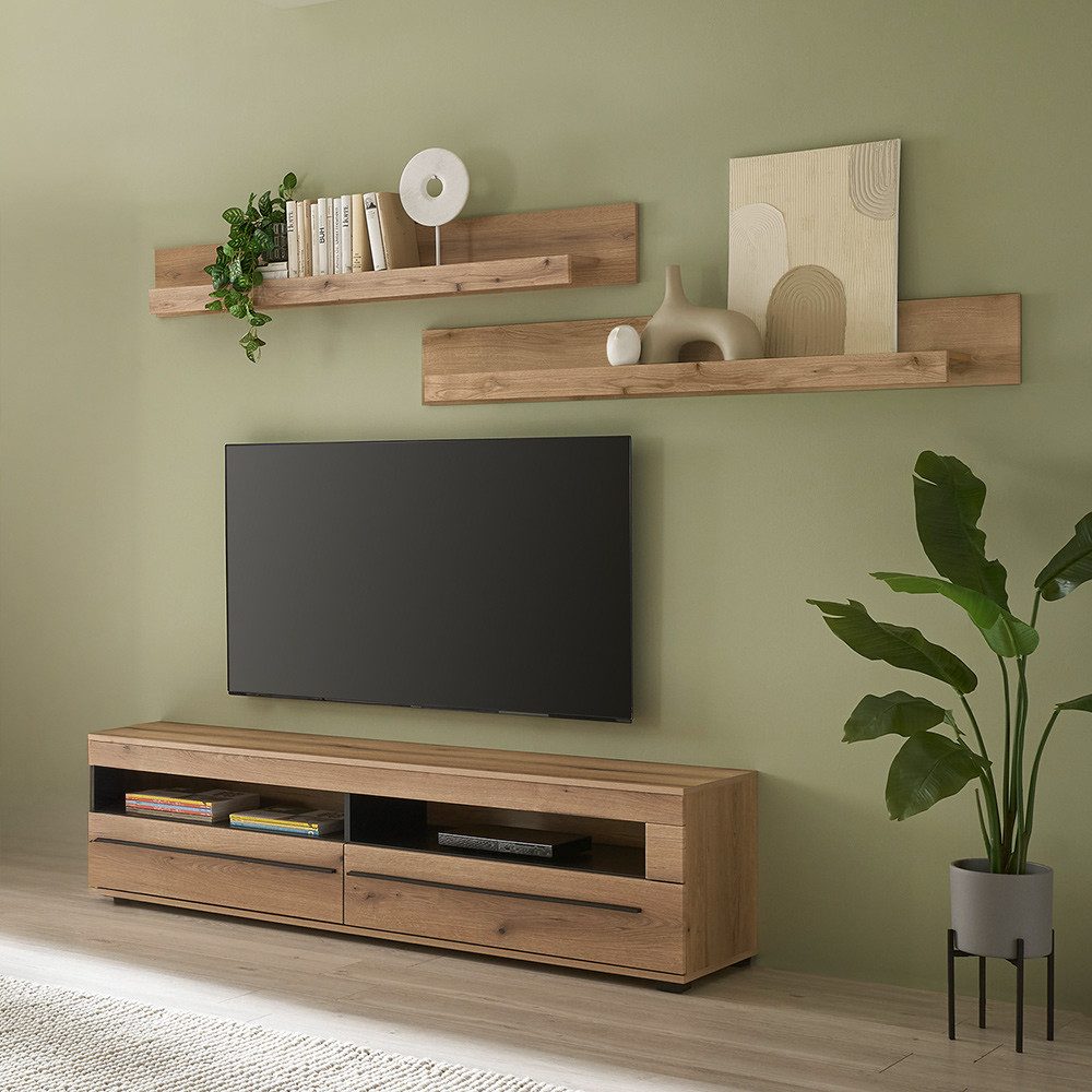 Lomadox Wohnzimmer-Set COLORADO-61, (Mega-Spar-Set, 3-St., Lowboard Wandregale), in Eiche mit 2 Schubladen und Softclose-Funktion