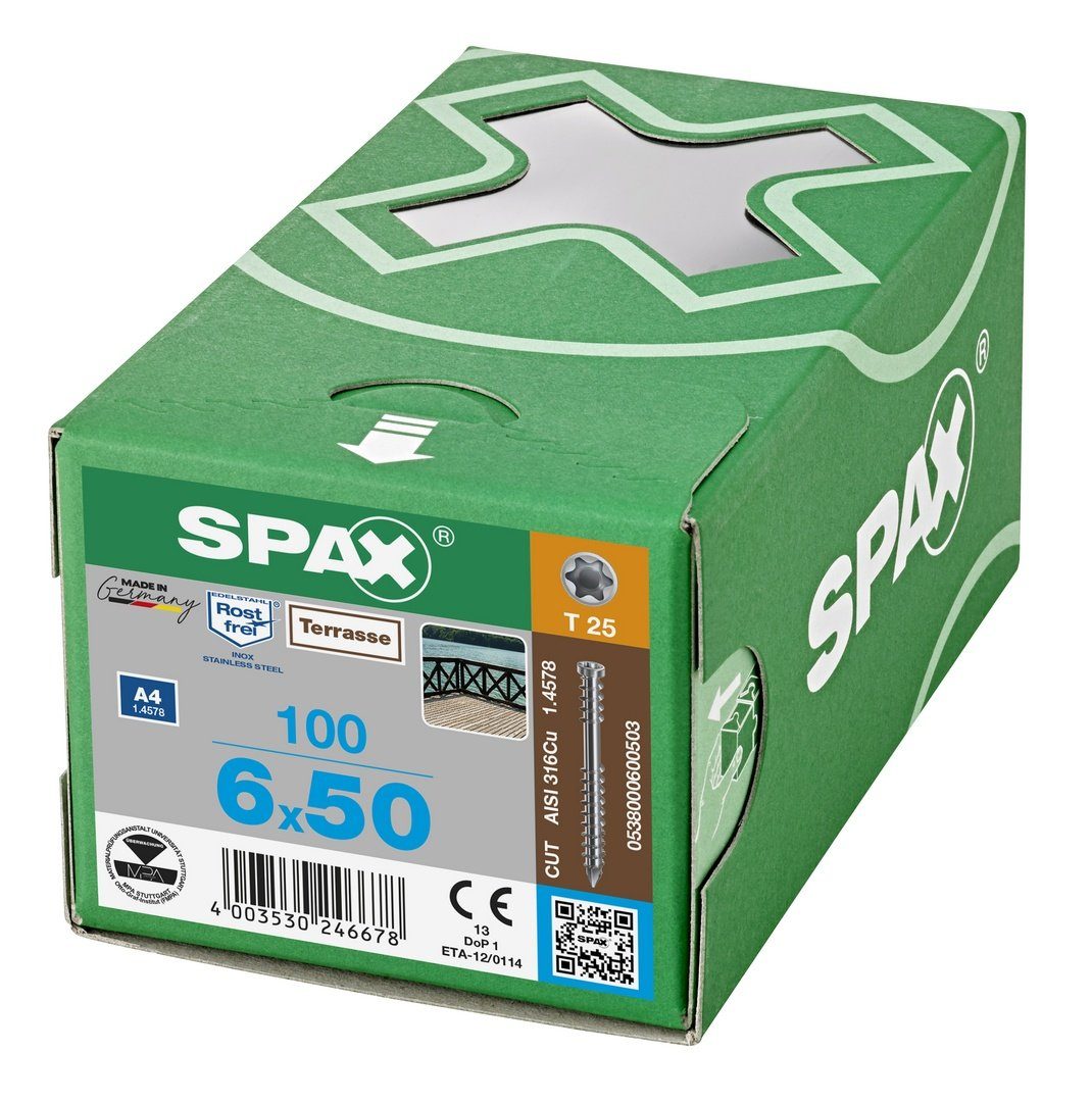 SPAX Spanplattenschraube Terrassenschraube, (Edelstahl 6x50 mm St), A4, 100