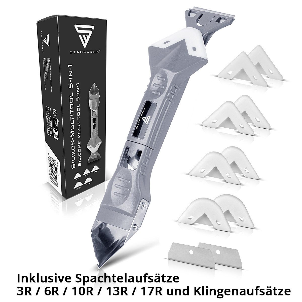 STAHLWERK Multitool Silikon Fugenwerkzeug Silikonspachtel Silikonschaber Fugenabzieher, (Packung, 1 St), mit Silikon-Spachtelaufsätze – Bild 3 von 5