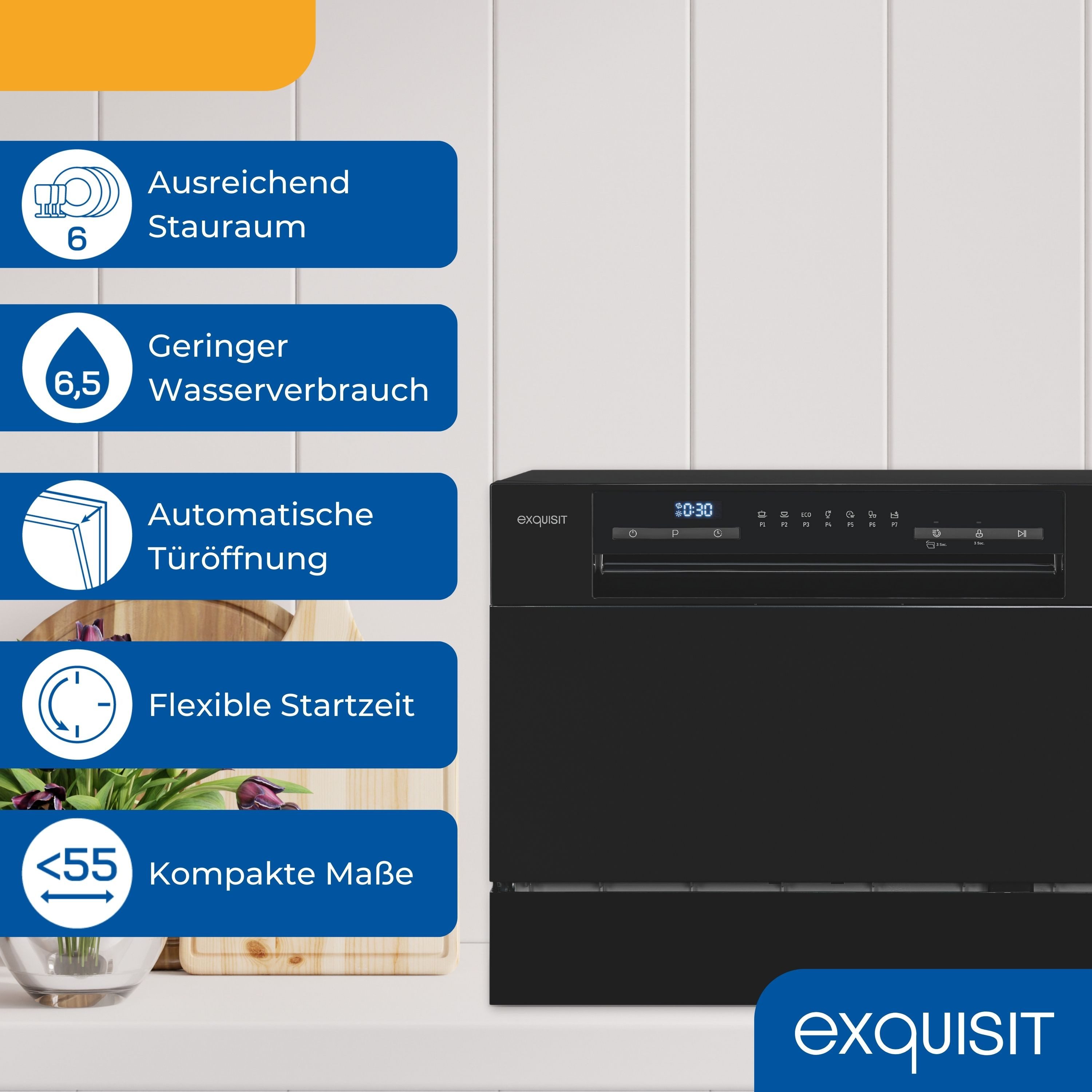 exquisit Tischgeschirrspüler GSP5206-030D, 6.5 l, 6 Maßgedecke, 6 Maßgedecke, 6,5 Liter, Auto-Door-Open, Startzeitvorwahl, LED-Display