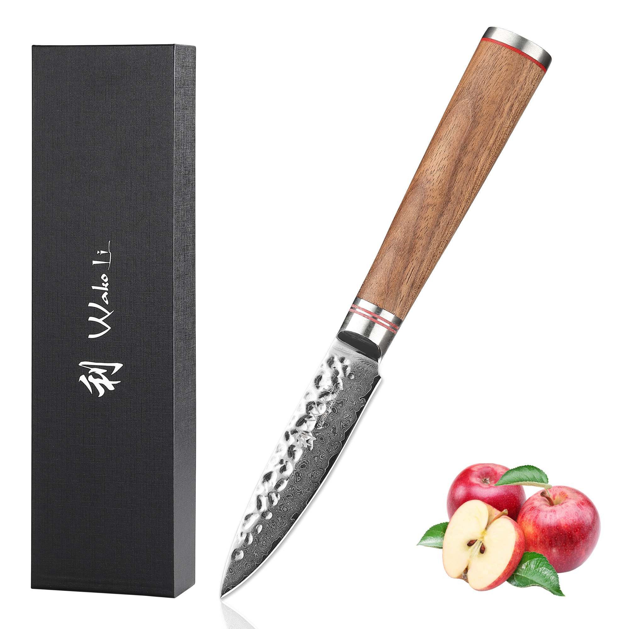 Wakoli Gemüsemesser Nussbaum Damast Officemesser I Küchenmesser Kochmesser I 9 cm Klinge, aus 67 Lagen Damaststahl mit VG10 Kern