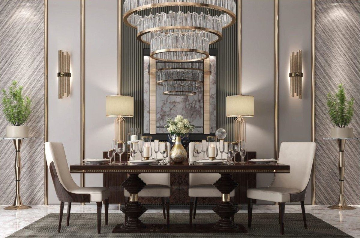 Casa Padrino Esszimmerstuhl Luxus Art Deco Esszimmer Stuhl Set Beige / Dunkelbraun Hochglanz - Küchen Stühle 6er Set - Edle Art Deco Esszimmer Möbel | Stühle