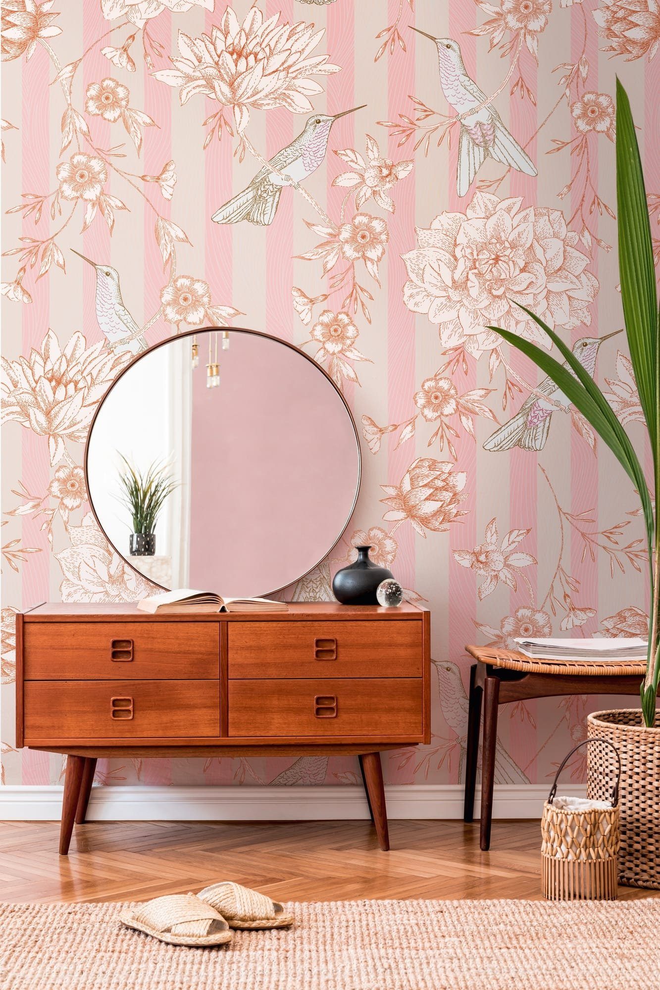 Newroom Vliestapete Claye Tapete Wandbild Blumen,Streifen,Vögel, [ 2,8 x 1,59 m ] großzügiges Motiv - kein wiederkehrendes Muster - nahtlos große Flächen möglich - Fototapete Wandbild Blumen Streifen Vögel Made in Germany, Tapete