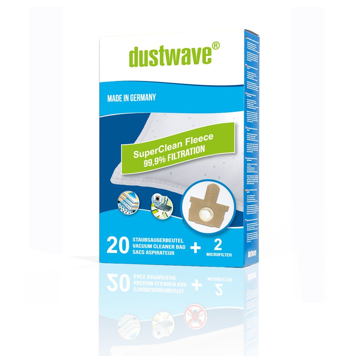 Dustwave Staubsaugerbeutel Megapack, passend für AmazonBasics R21, 20 St., Megapack, 20 Staubsaugerbeutel + 2 Hepa-Filter (ca. 15x15cm - zuschneidbar)