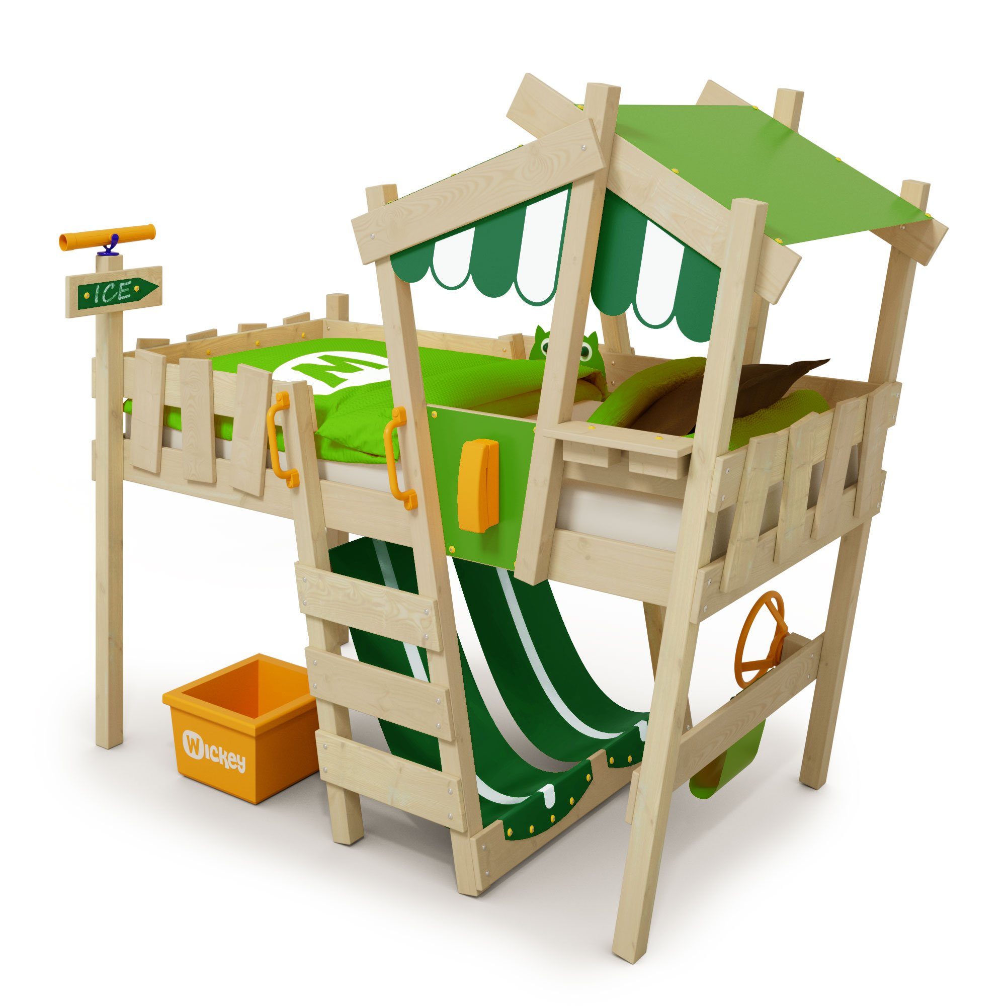 Wickey Kinderbett Crazy Hutty - Spielbett 90 x 200 cm, Etagenbett (Holzpaket aus Pfosten und Brettern, Spielbett für Kinder), massivholzbett Grün/Apfelgrün