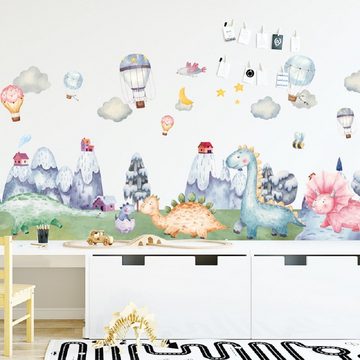 CreateHome Wandtattoo Aufkleber Dinosaurier für Kinderzimmer I 55 x 126 cm (BxH) (Junge Mädchen Heißluftballon Berge Wolken Wandaufkleber Wandbild Wandtattoo DIY Wandaufkleber Babyzimmer, rückstandslos entfernbar selbstklebend)