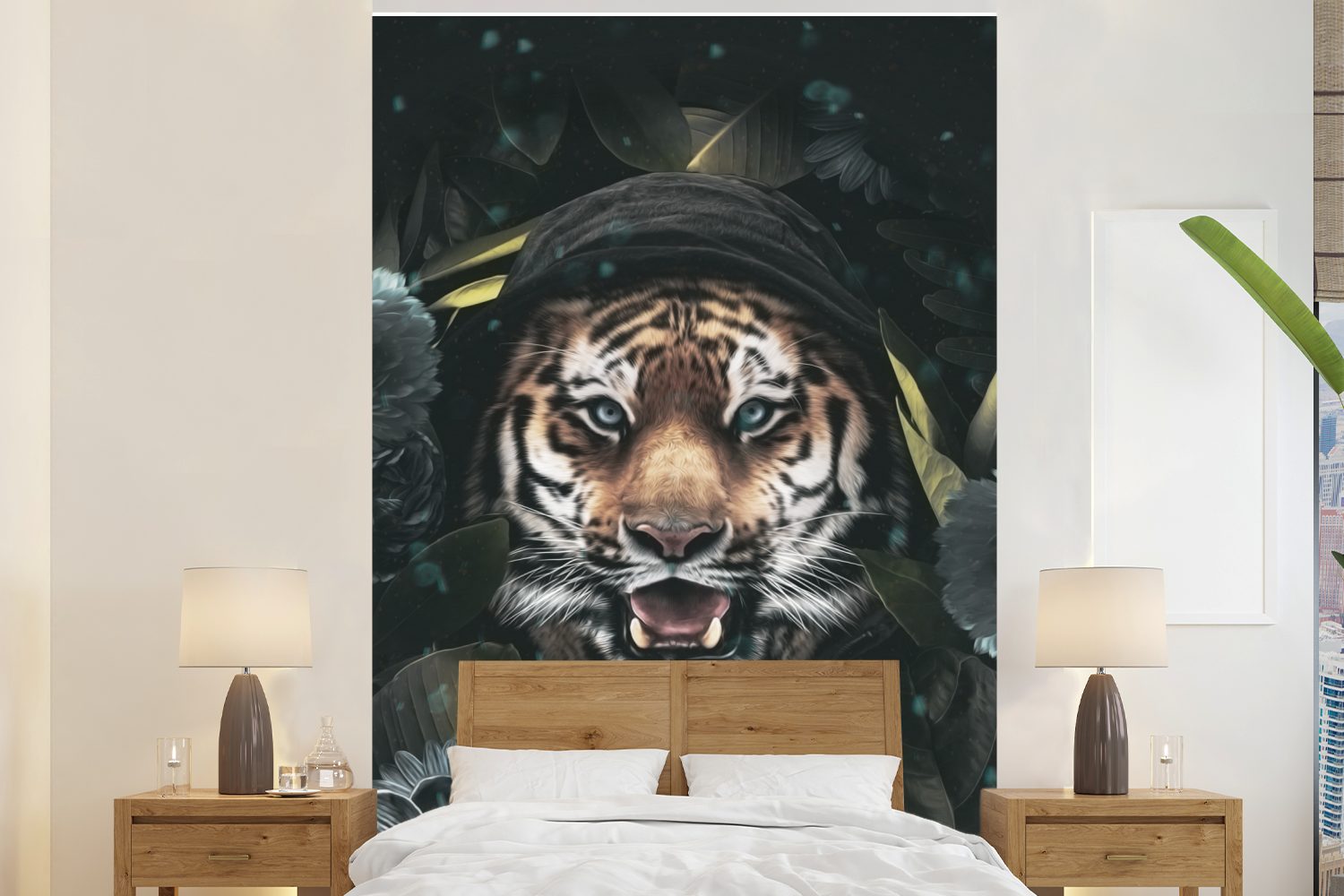 MuchoWow Fototapete Blumen - Tiger - Raubtier, Matt, bedruckt, (3 St), Montagefertig Vinyl Tapete für Wohnzimmer, Wandtapete