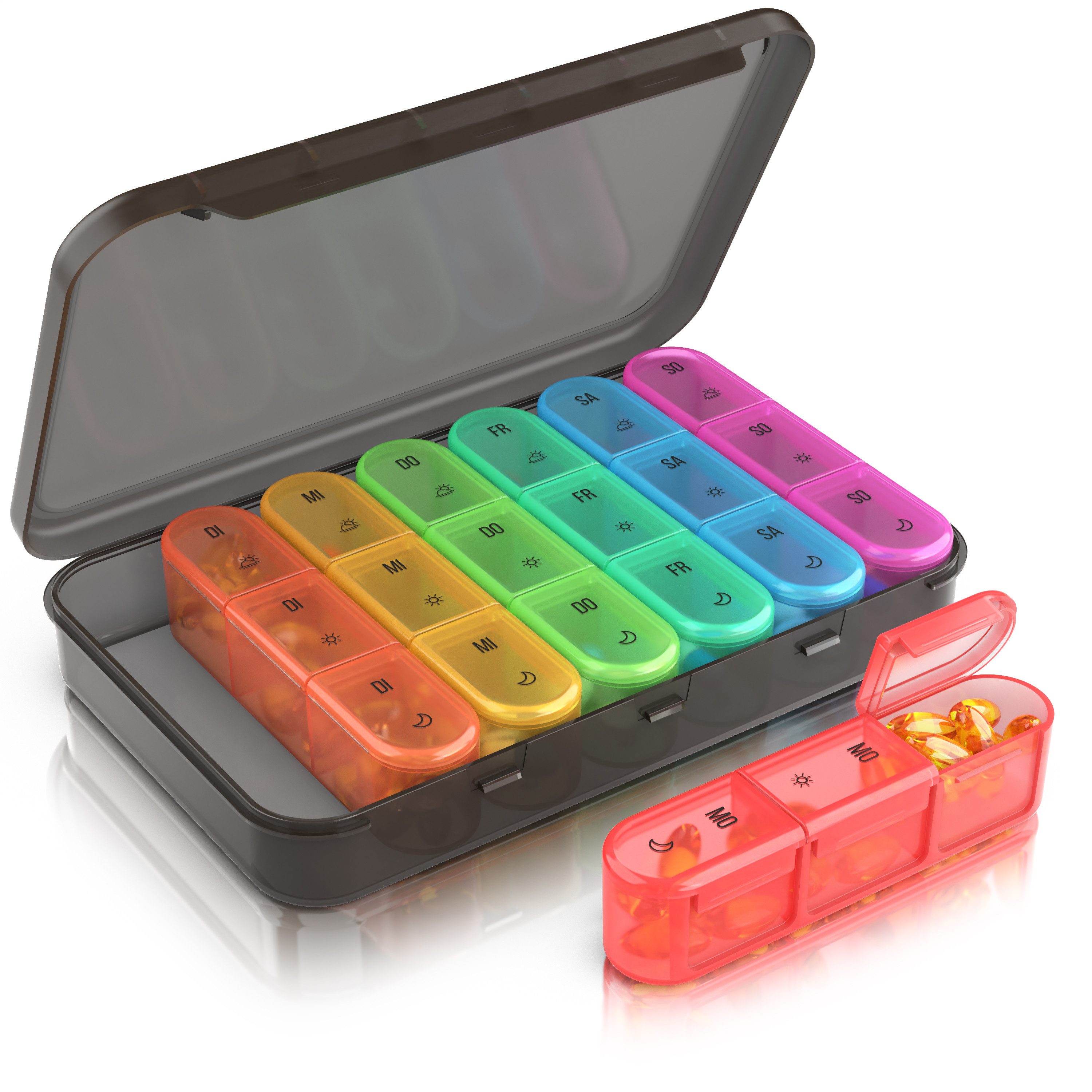 MyBeo Pillendose Große Tablettenbox 7 Tage, 3 Fächer täglich, herausnehmbare Module (8 St), Farbcodierung, Schnappdeckel, lebensmittelecht, mit Symbolen