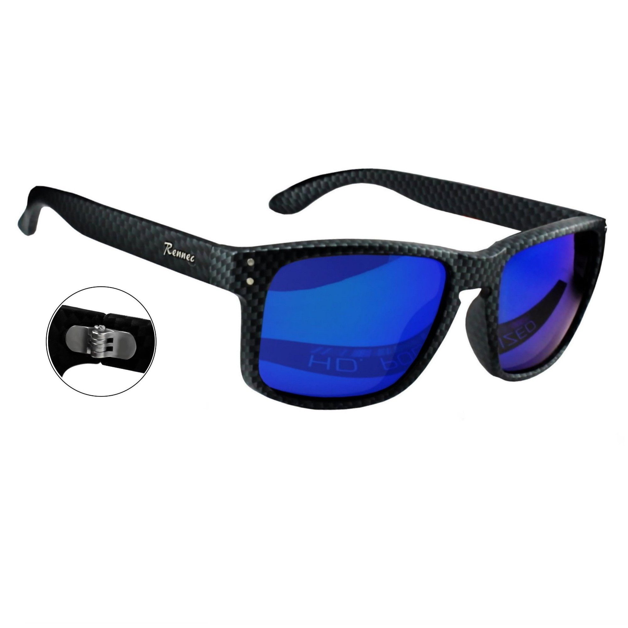Rennec Sonnenbrille Herren Polarisiert Rechteckig Carbon Optik mit Hardcase Gläser UV400 Getönt oder Verspiegelt, Edelstahl Bügelgelenke 3in2 – Bild 5 von 5