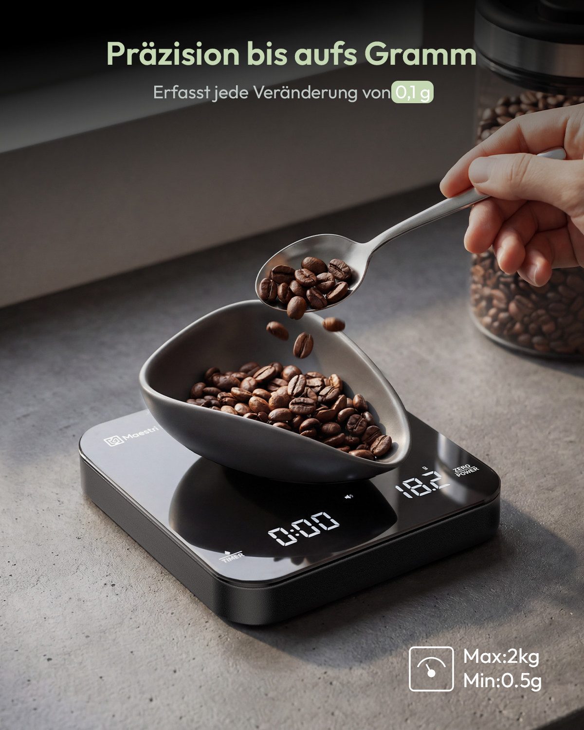 Maestri House Küchenwaage K112 Espressowaage mit Auto-Timer, 0,1 g / 2 kg, (1-tlg., Glasoberfläche für Espresso und Pour Over), Touch-Bedienung, USB-C, Tara, St – Bild 3 von 5
