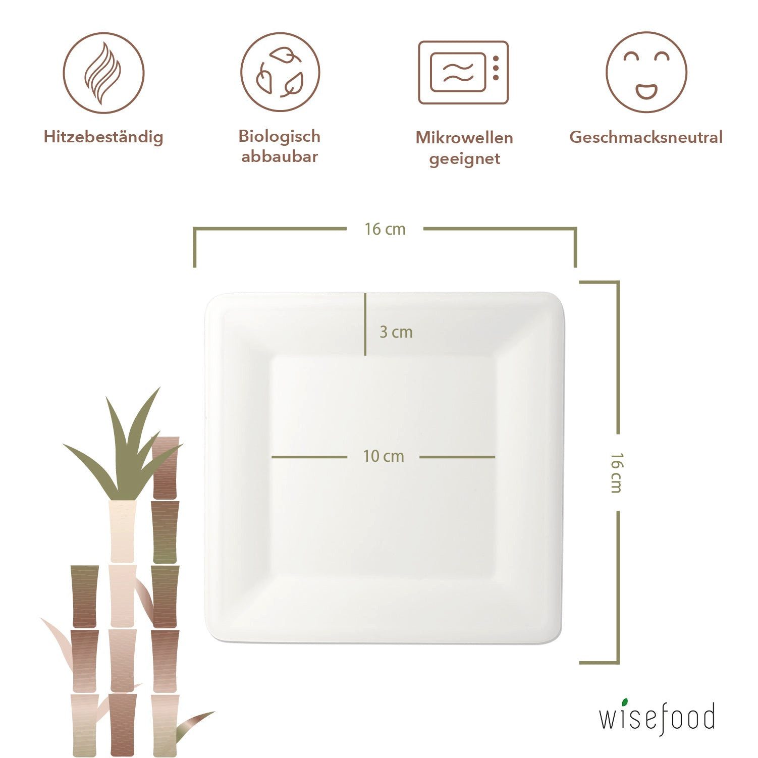 wisefood Einwegteller Bagasse Teller - 16cm (quadratisch, weiß), (100 St)