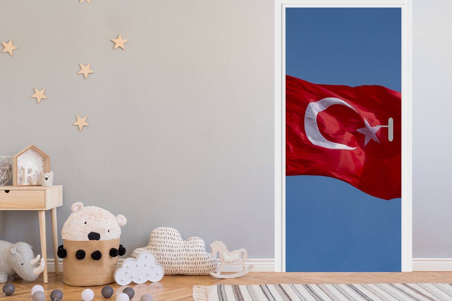 MuchoWow am für (1 türkische Himmel, Türaufkleber, Flagge cm Eine Türtapete bedruckt, blauen 75x205 St), Matt, Fototapete Tür,