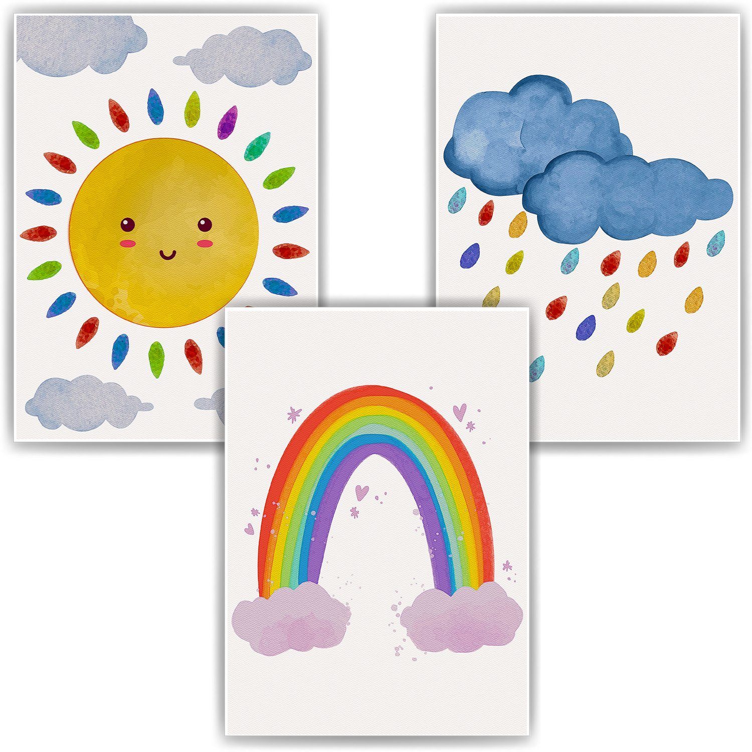 Tigerlino Poster Wolken Sonne Regenbogen 3er Set Kinderzimmer Wandbilder Dekoration