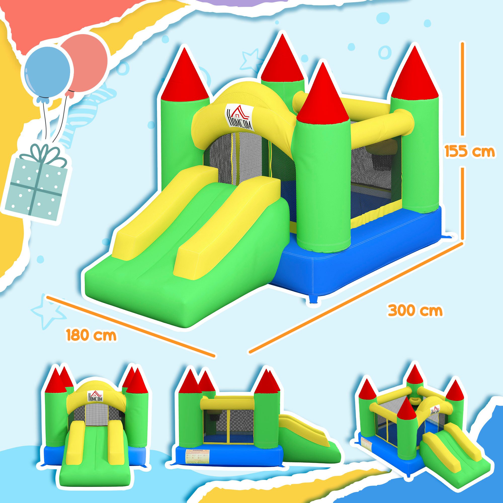 HOMCOM Hüpfburg Trampolin, Sicherheitsnetz, Spielplatz für Indoor und Outdoor, (Kinderhüpfburg, 1-tlg., Spielburg), für Kinder 3 bis 10 Jahre, Oxford, 300 x 180 x 160 cm