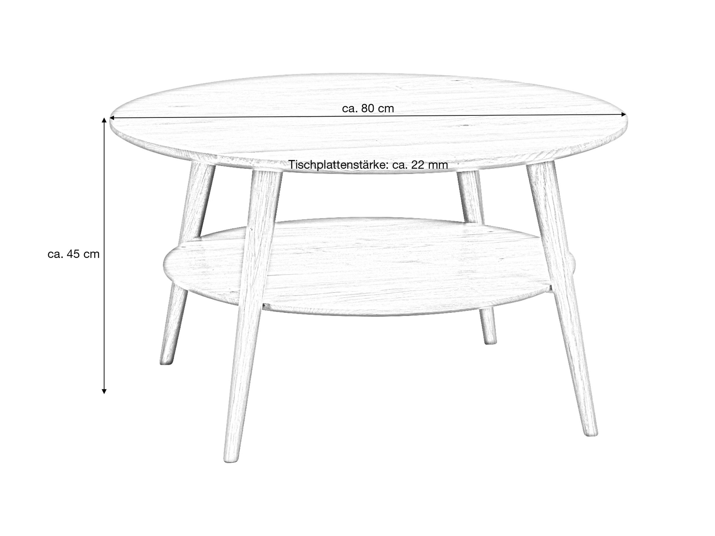 Massivart® Couchtisch Wohnzimmertisch, rund 80 cm, Wildeiche massiv geölt »STELLA«, Massivholz · runde Tischplatte · 2 Ablageflächen · Stauraum