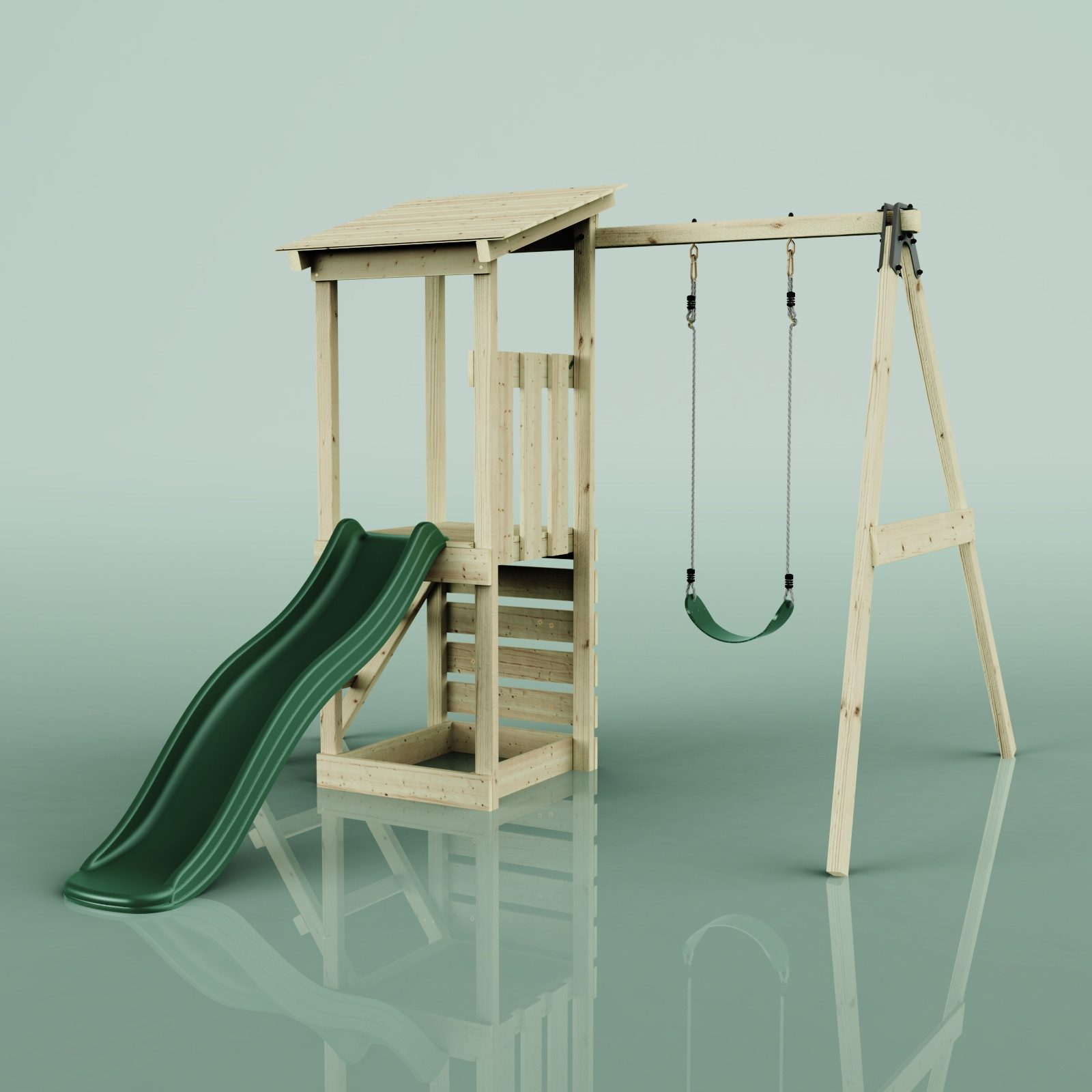 OutdoorToys Spielturm Lyon aus Holz in Grün mit Kinderschaukel & Rutsche, Kletterwand