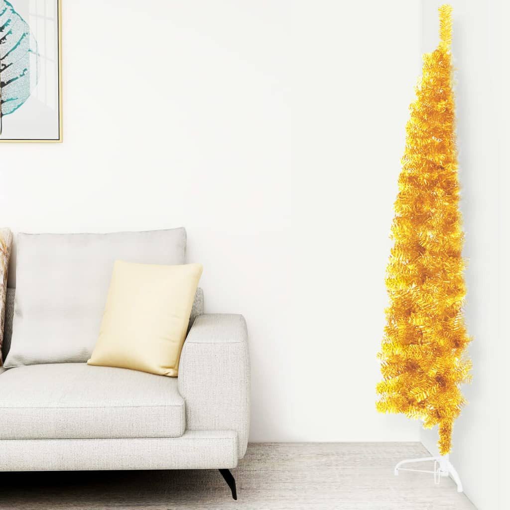 vidaXL Künstlicher Weihnachtsbaum Künstlicher Halb-Weihnachtsbaum mit Ständer Schlank Gold 240 cm Wand A
