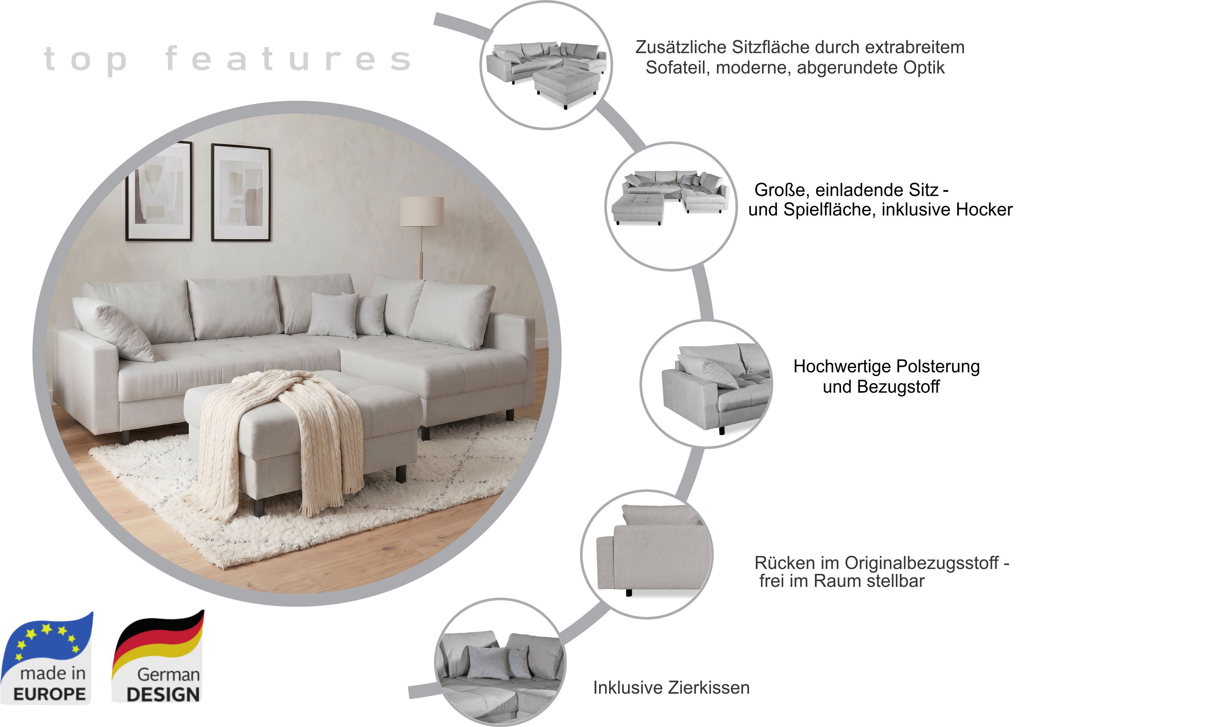 COLLECTION AB Ecksofa Toni L-Form 274 cm, Set: Sofa & Hocker, 2 Zierkissen, Bonell-Federkern