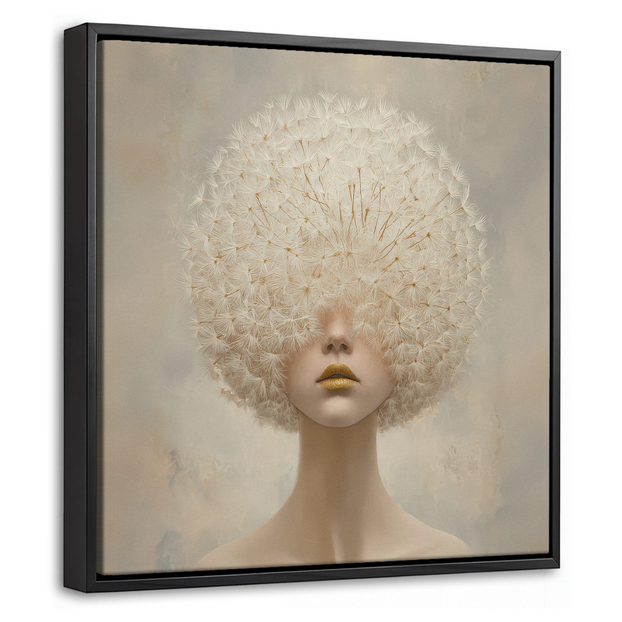 OneMillionCanvasses® Leinwandbild mit Rahmen - Dreamy - Beige - Löwenzahnsamen, Fotodruck (1 St), Leinwand Bilder Klein, Wand Dekoration Aesthetic 20x20cm