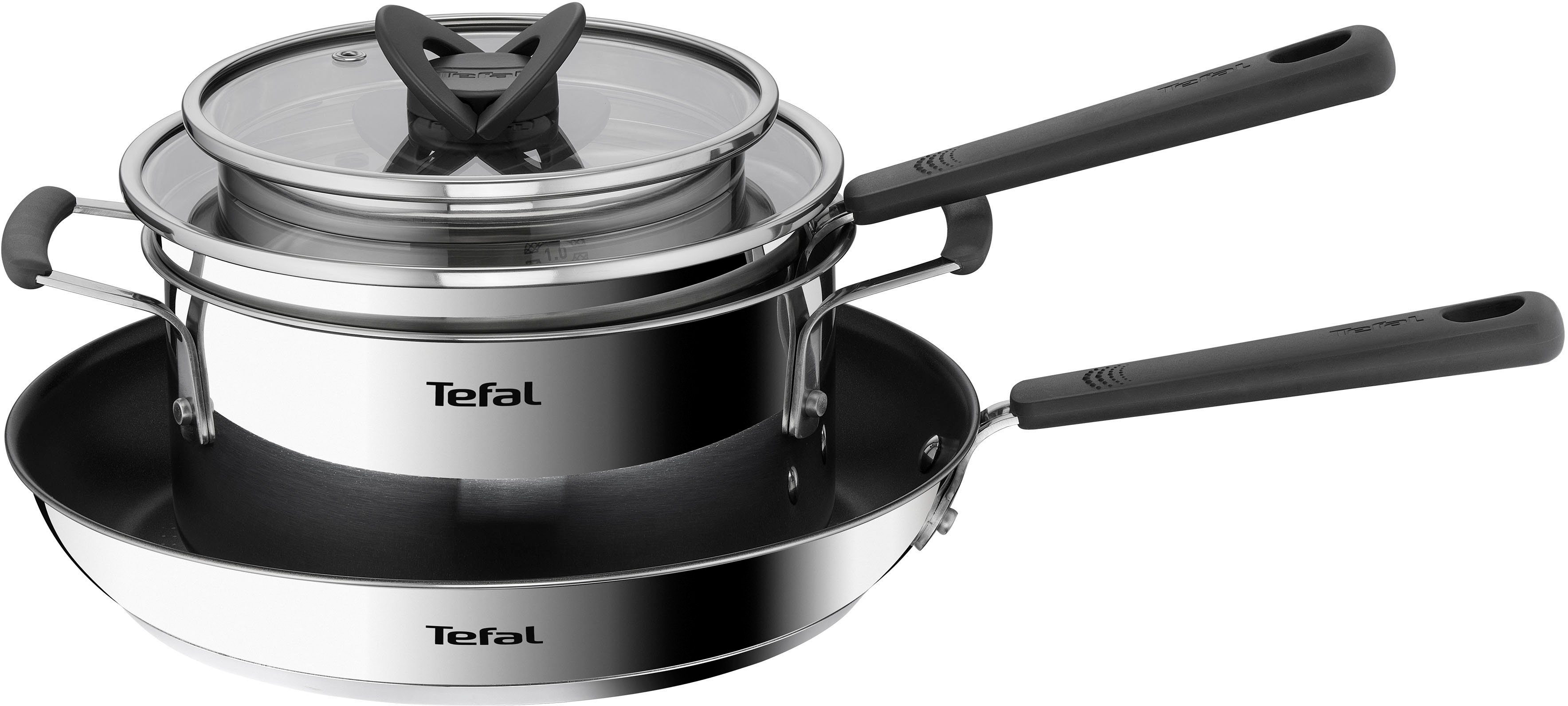 Tefal Topf-Set G737S5 Opti\'Space lig, Edelstahl (Set, 5-tlg),  Antihaftversiegelung (Pfanne), für alle Herdarten inkl. Induktion