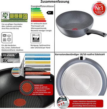 Tefal Pfannen-Set Cook Healthy G13411 Pfanne 24,30 cm + Wok pfanne mit Deckel 28cm, Edelstahl 18/10 (Pfanne, Bratpfannen Set, Pfannenset, Wok, Wokpfanne, Schmorpfanne, Pfannen Inkl. 1 Wender & Filzschoner), Ohne Fett / Öl braten, Hitzebeständig, Hochrand, Säurebeständig