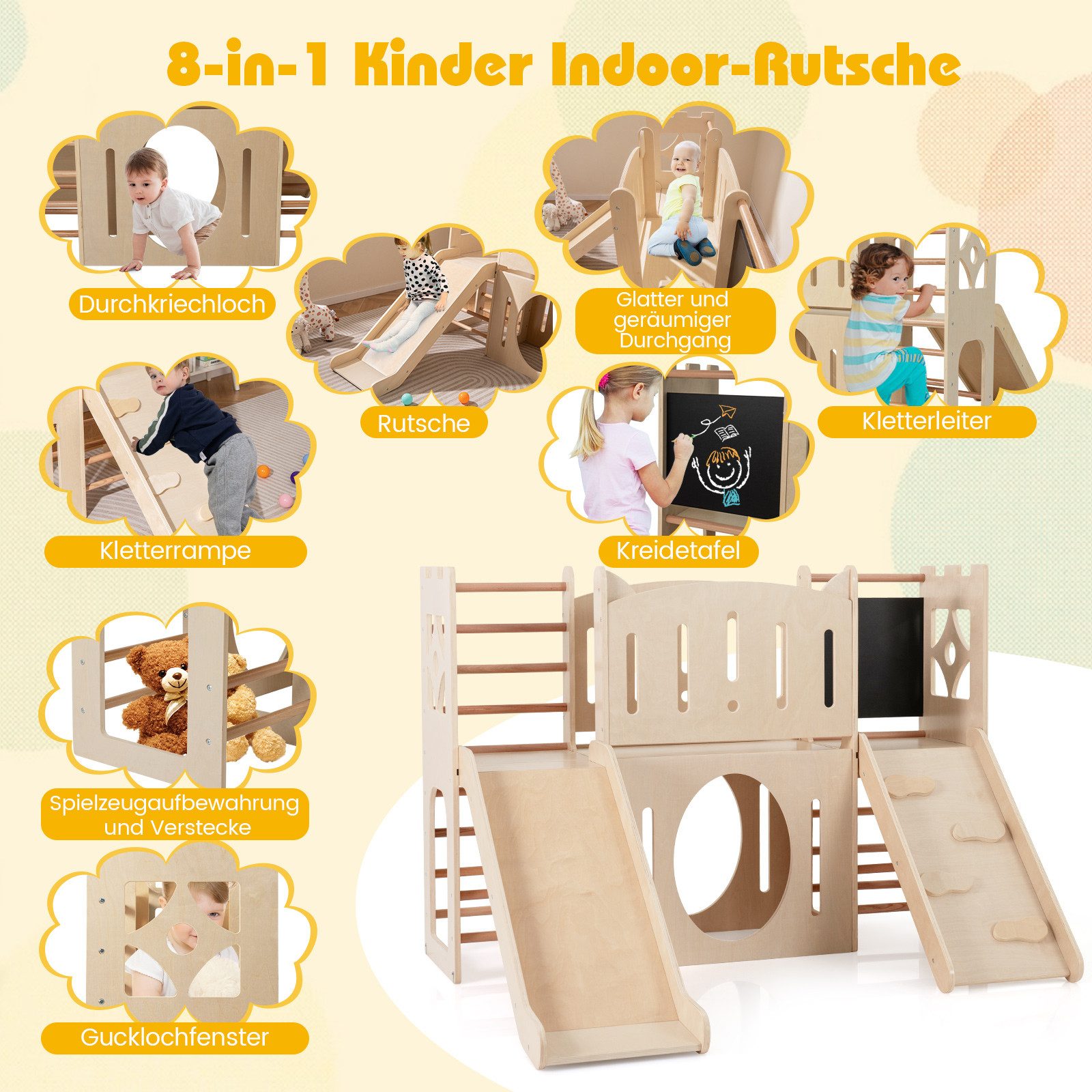 COSTWAY Spielturm, 8-in-1 Holz-Innenspielplatz im Burgdesign