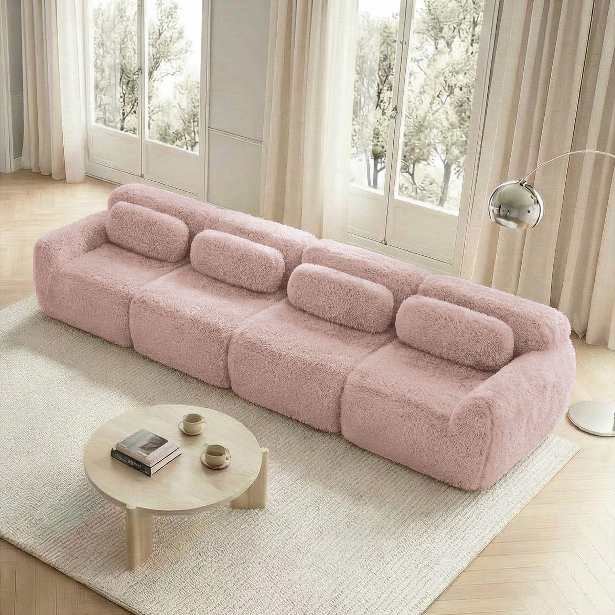 HAUSS SPOLE Loungesofa mit Plüschstoff,4-Sitzer Sofa Polstermöbel mit rutschfester Boden,Rosa