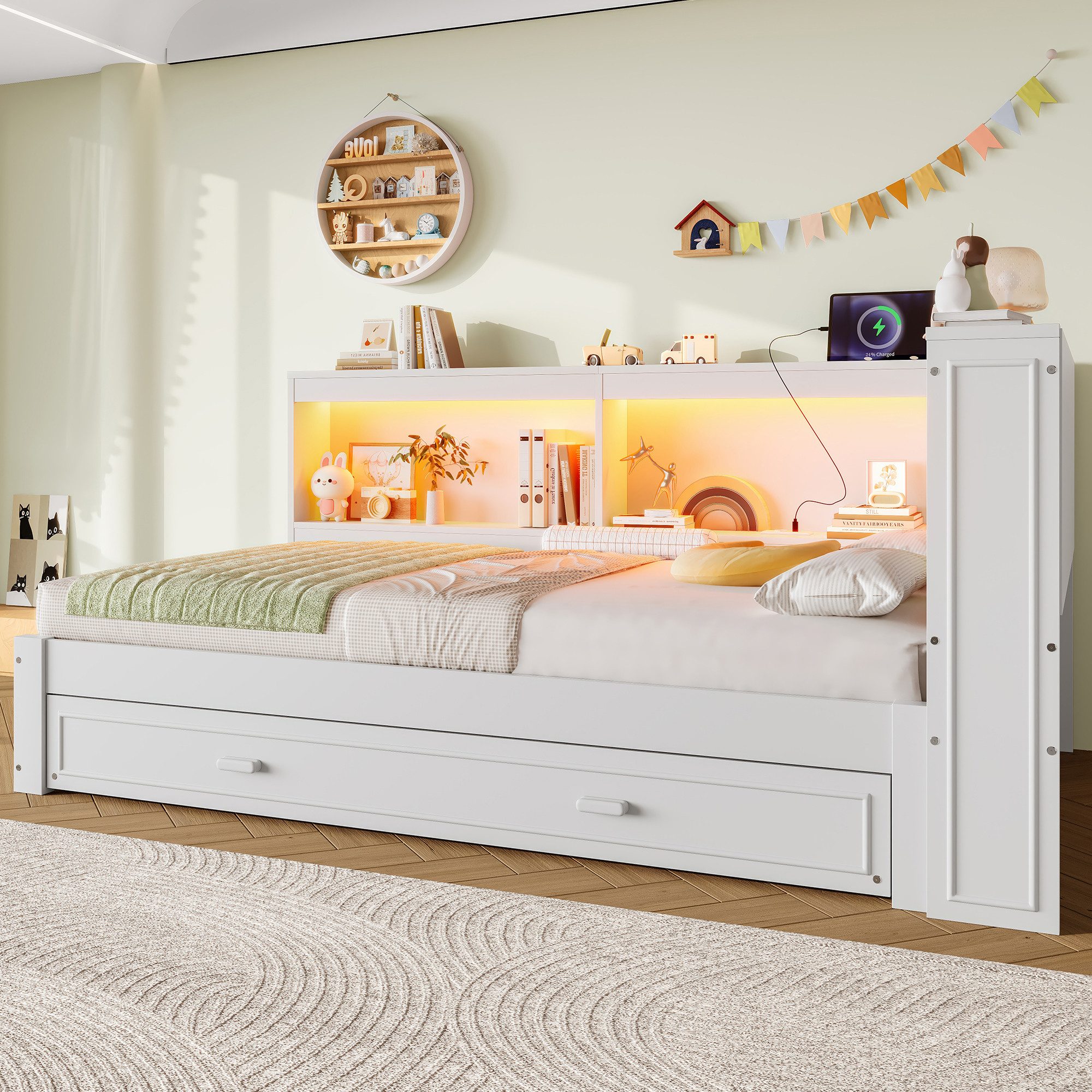 STILVORA Schlafsofa 90×200 mit Matratze&Ausziehbett,Tagesbett Daybett mit Steckdose&LED, mit ausziehbarem Bett, LED-Leuchten & Ladeanschlüssen 90x200 cm, ohne Matratze