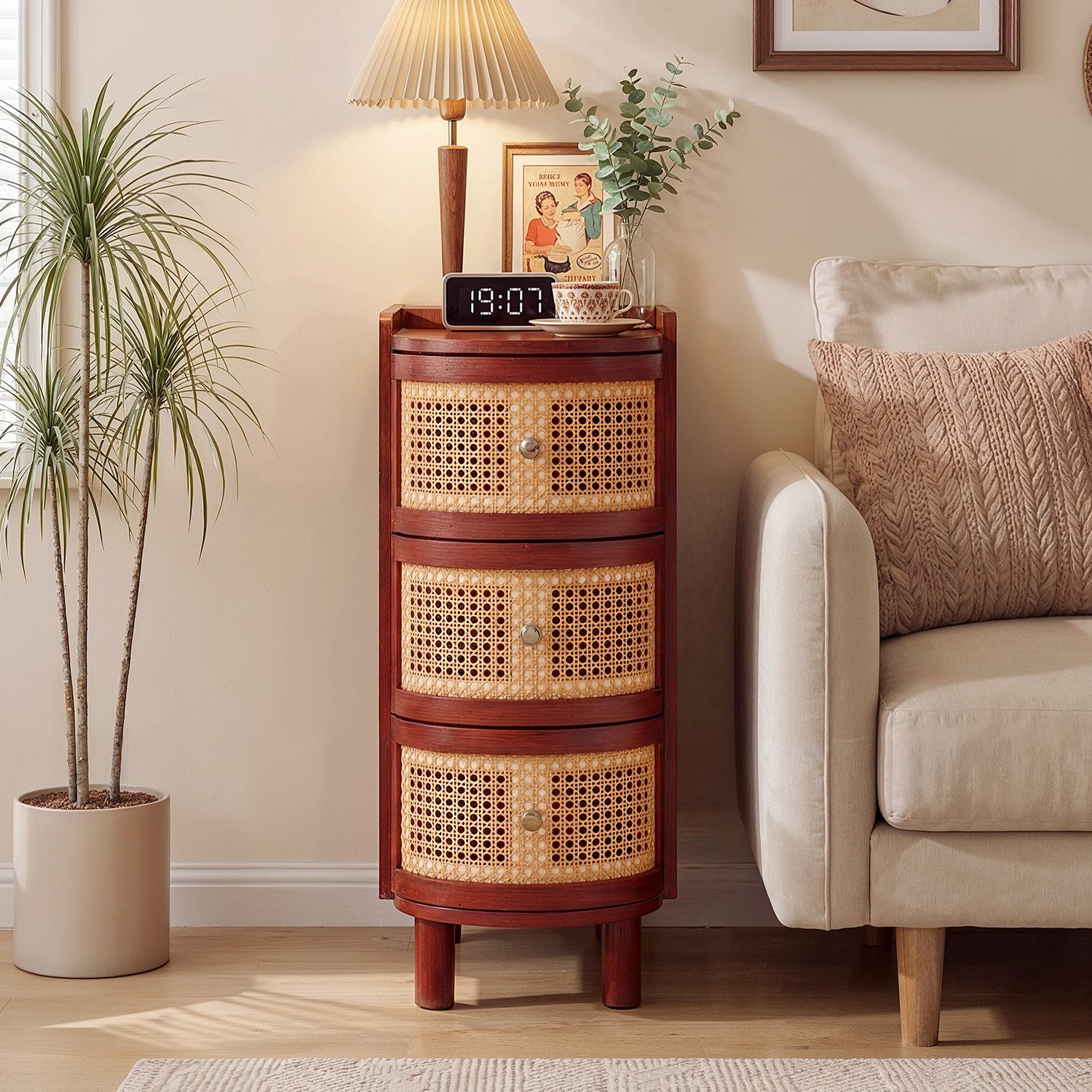 FUFU&GAGA Beistelltisch schmal 26cm Rattan, Telefontisch Retro mit 3 Schubladen – Bild 2 von 5