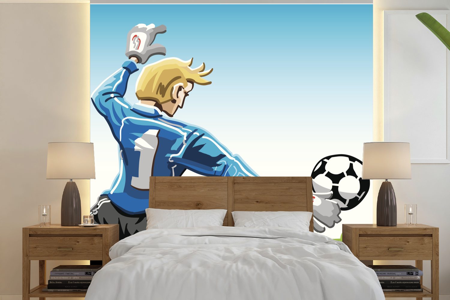 für Tapete Torwarts, stoppt Fototapete Vinyl bedruckt, St), -, Schlafzimmer, den (5 Eine Matt, eines Wohnzimmer Jungen Fußball MuchoWow - der Wandtapete Illustration oder