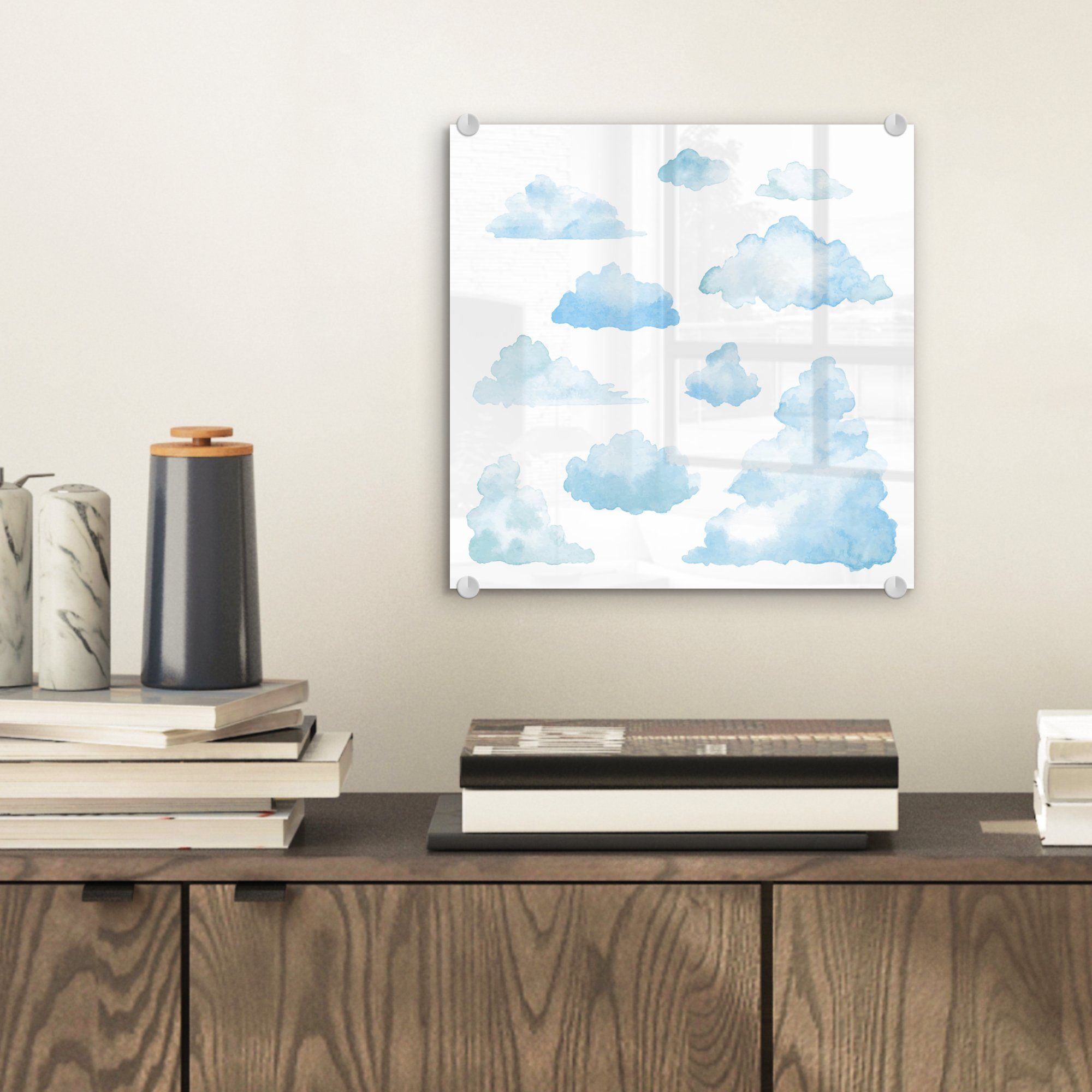 Glasbilder Wanddekoration (1 Wolken - auf Glas Acrylglasbild - MuchoWow - Aquarellfarben Wandbild Bilder mit illustriert, auf St), Glas Foto