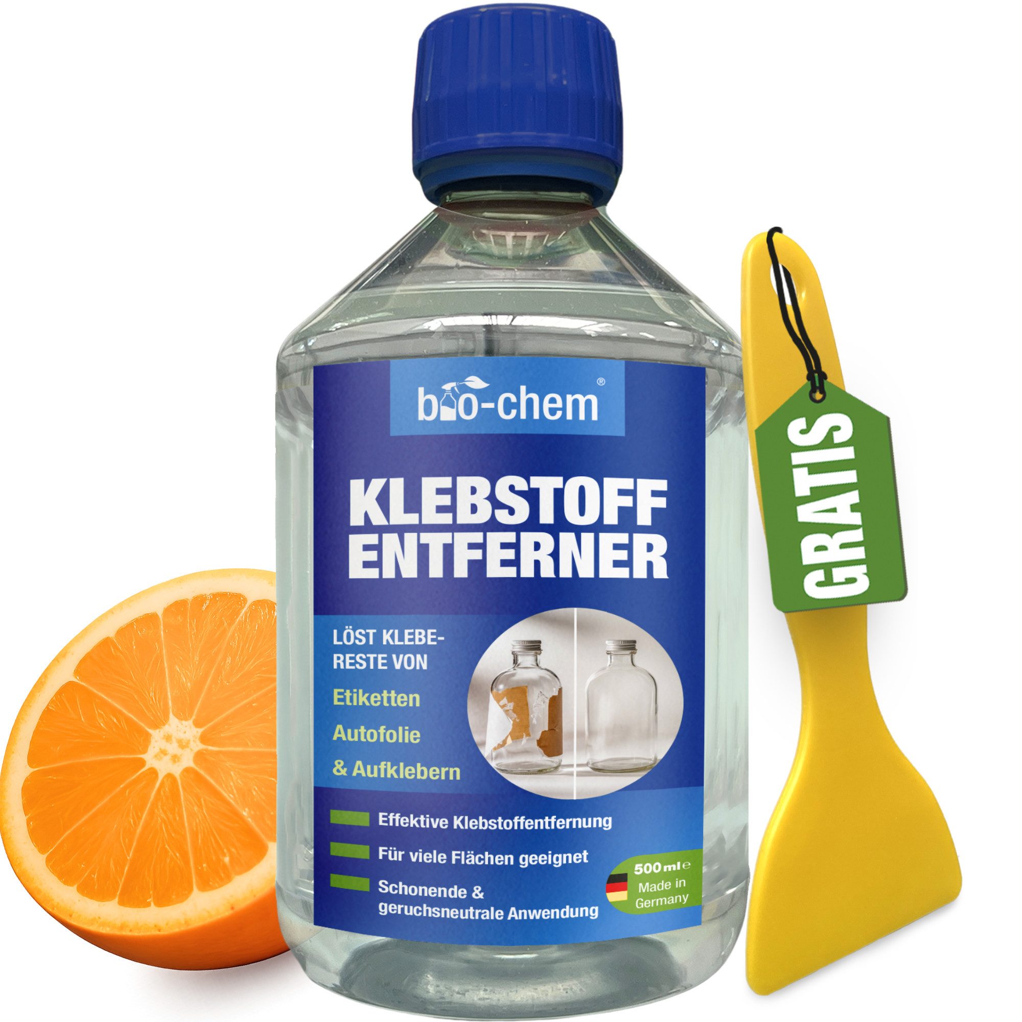 bio-chem Klebstoffentferner Etikettenlöser Klebereste einfach entfernen 500 ML Универсальный очиститель (Einzelprodukt, [- Klebstoffentferner 0.5 l + Handschaber gelb Mit Schaber für mühelose Etikettenentfernung)