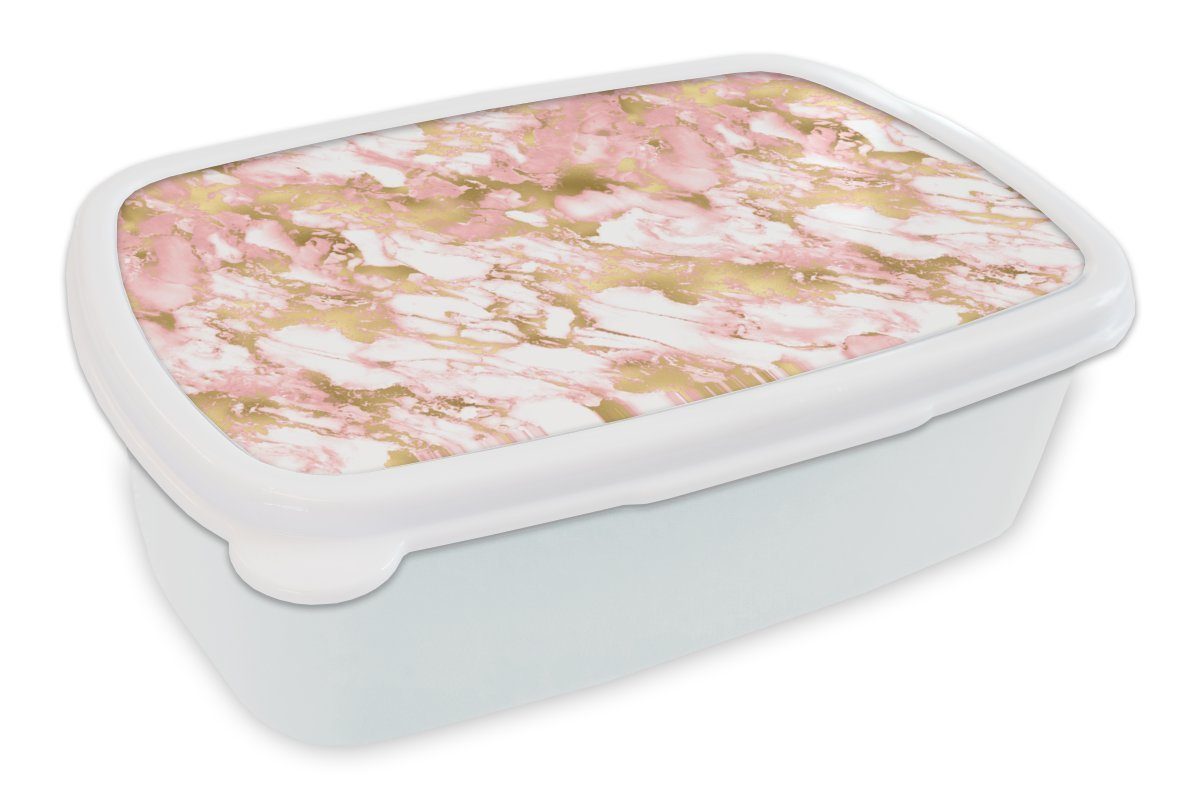 MuchoWow Lunchbox Marmor - Rosa - Gold - Muster, Kunststoff, (2-tlg), Brotbox für Kinder und Erwachsene, Brotdose, für Jungs und Mädchen weiß