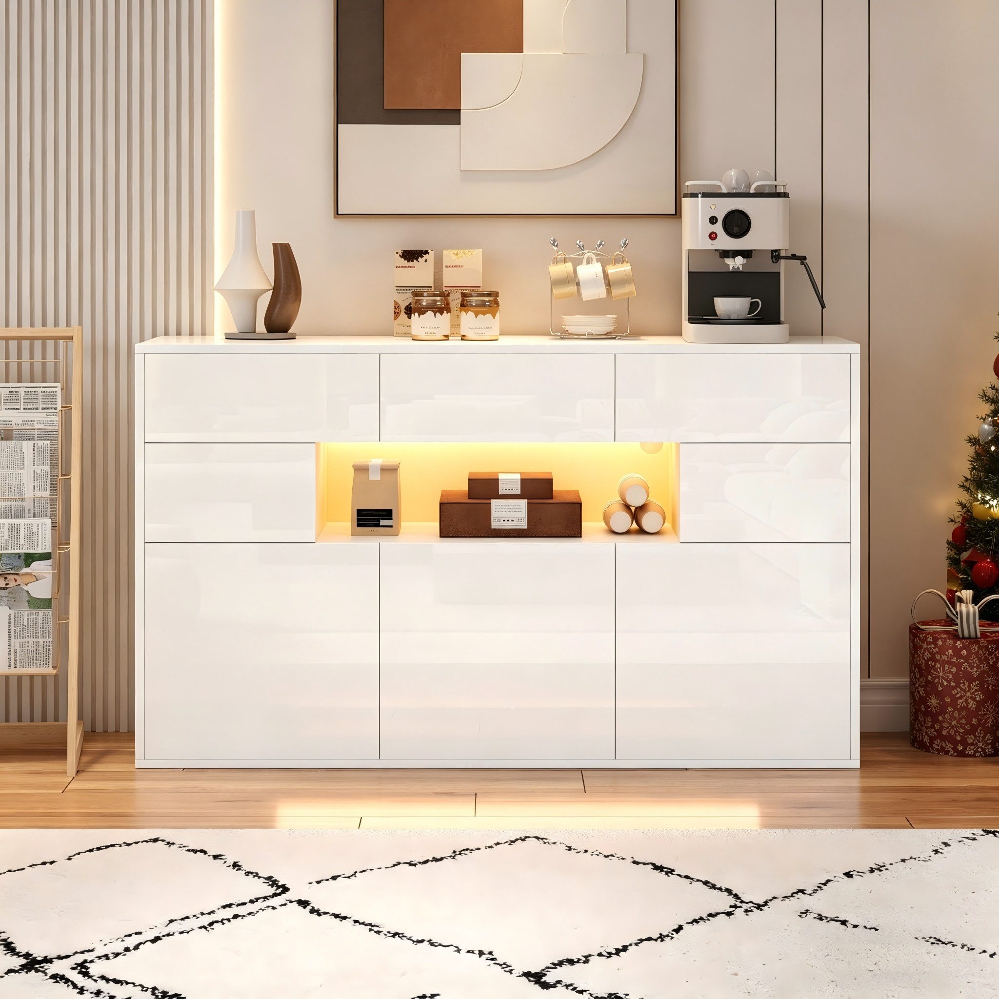 Merax Sideboard Hochglanz Buffetschrank mit LED-Beleuchtung (modernes Design für Wohnzimmer, 1 St., 140×30×94 cm), Anrichte Kommode mit 3 Schubladen & 5 Schränken & Stauraum
