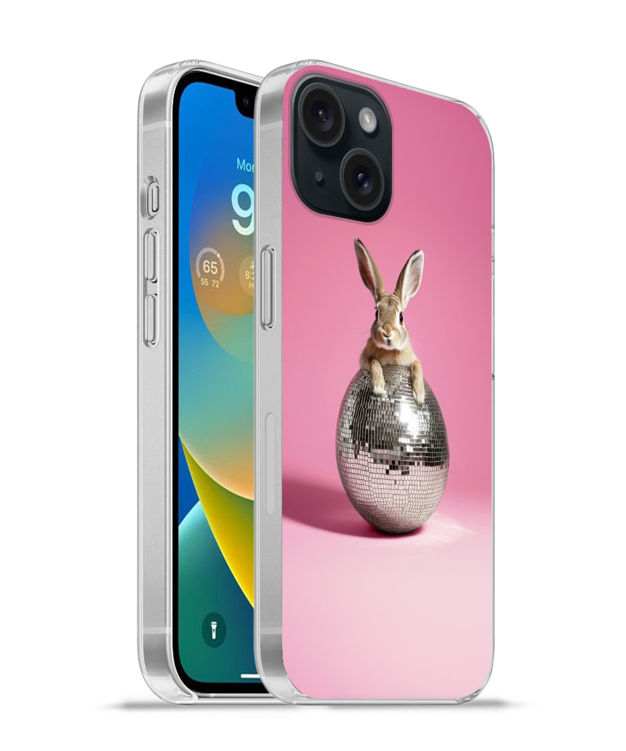 MuchoWow Handyhülle für Apple iPhone 15 Hase - Schleife -Diskokugel, Smartphone-Bumper, Print, Handy Schutzhülle Dünn