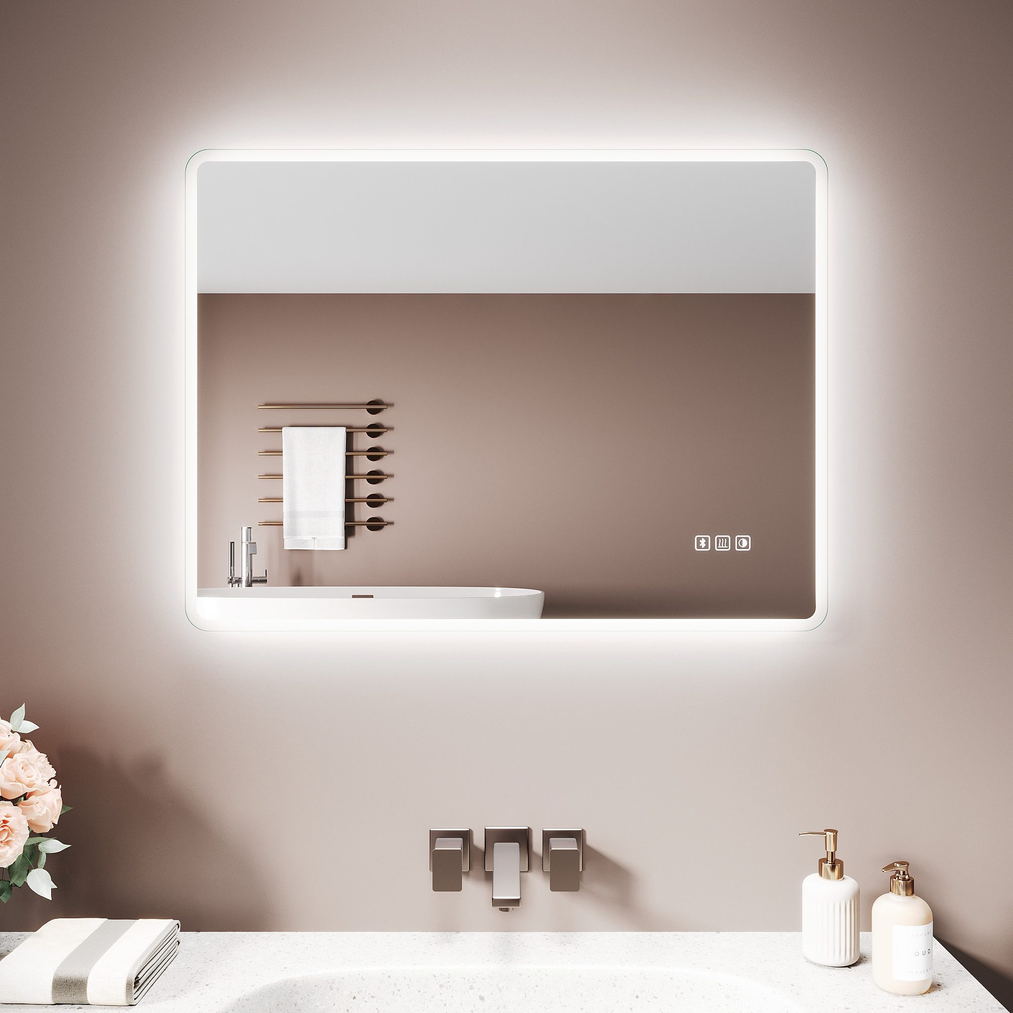 SONNI Badspiegel Badspiegel mit Beleuchtung LED mit Bluetooth-Funktion, Drei Farbtemperaturen dimmbar, Antibeschlag, Ladesteckdose