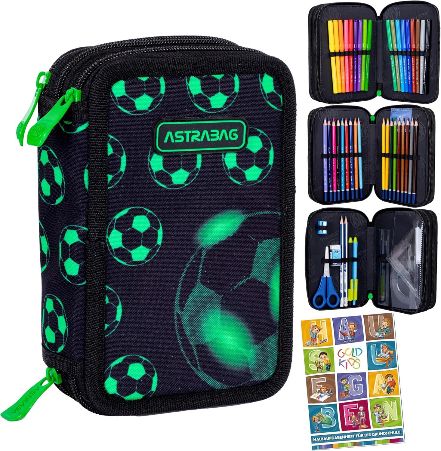 GOLDKIDS Federmäppchen 3 Fächer - Mäppchen für Jungen und Mädchen -, (Federmappe 3-Fach Federtasche Gefüllte, 1-tlg., Schüleretui 46-teilig), - Schulmäppchen und Hausaufgabenheft - Fußball Motiv