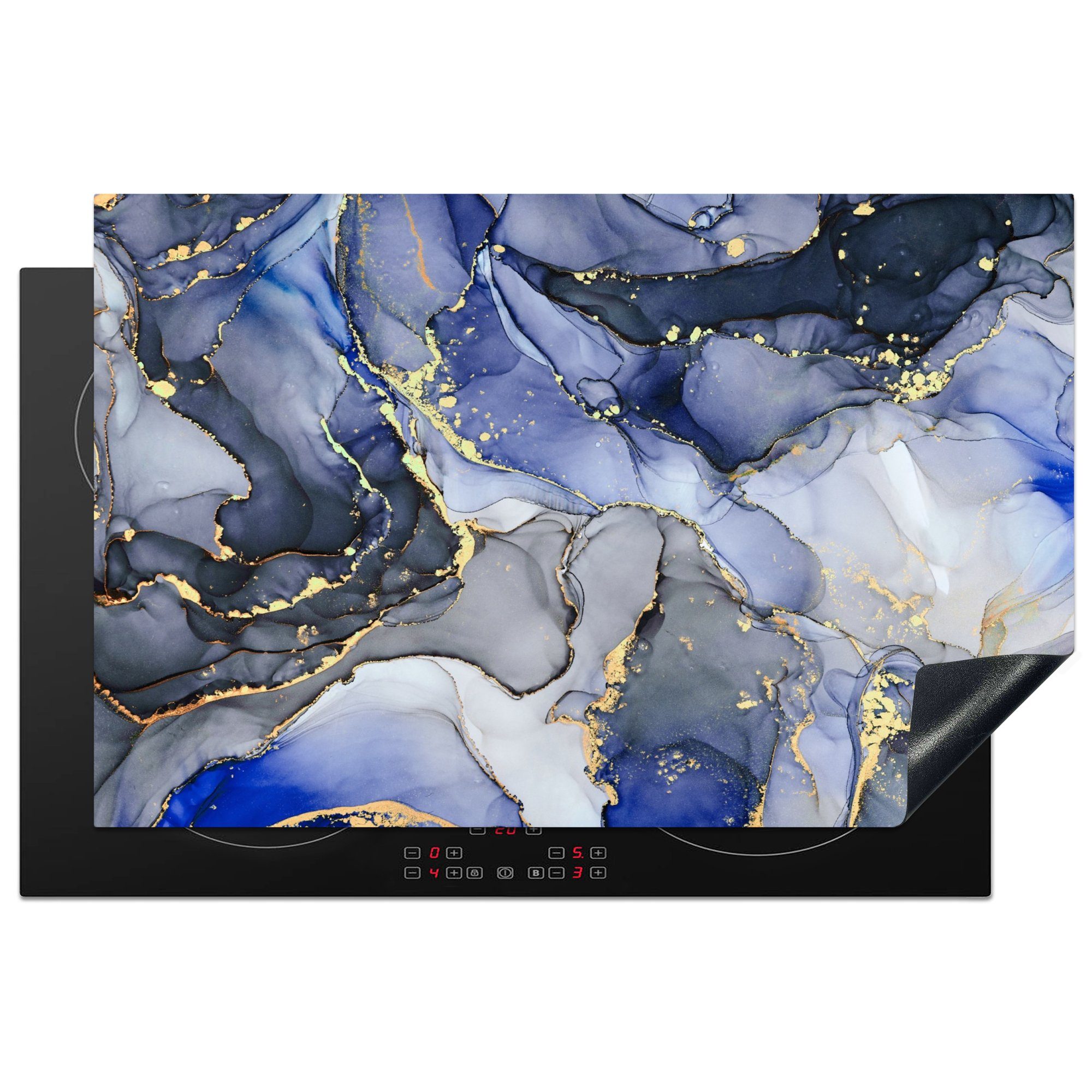 MuchoWow Herdblende-/Abdeckplatte Marmor - Gold - Abstrakt - Blau, Vinyl, (1 tlg), 81x52 cm, Induktionskochfeld Schutz für die küche, Ceranfeldabdeckung | Herdabdeckplatten