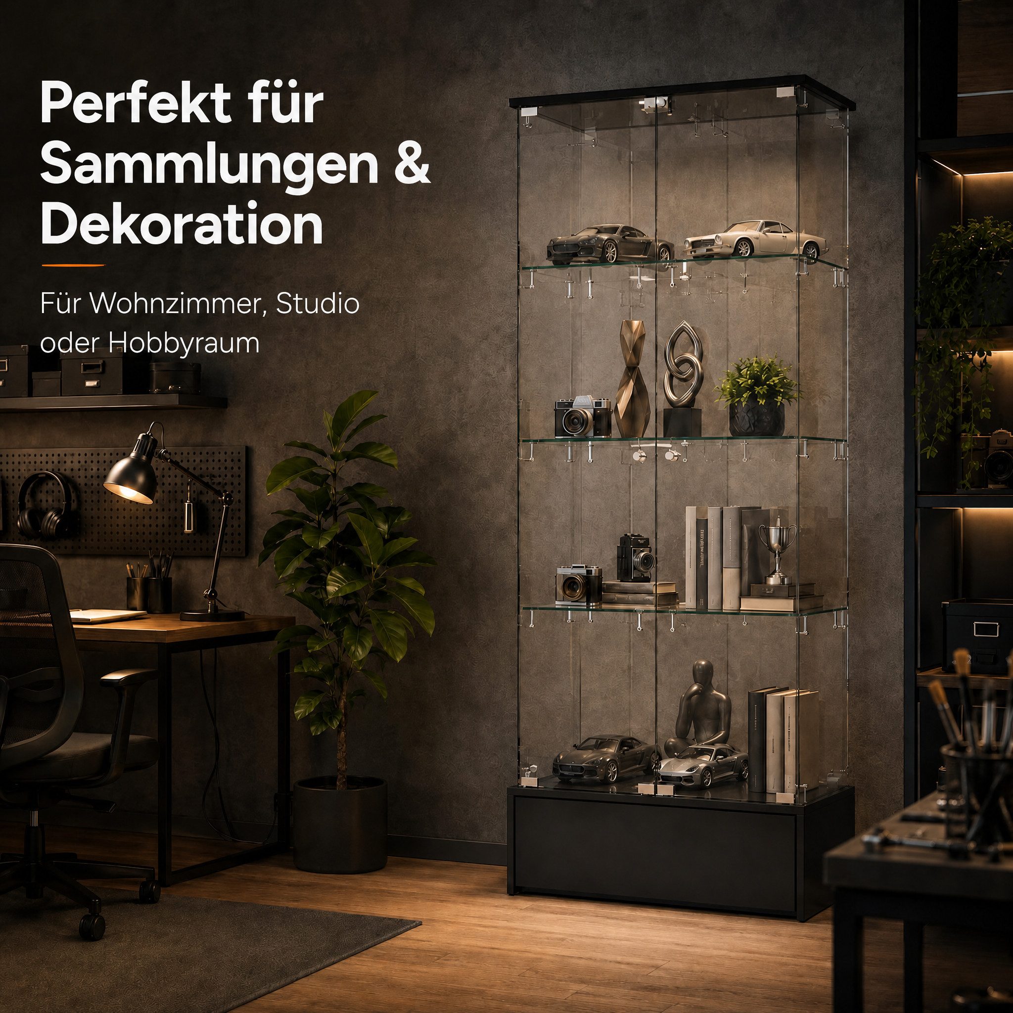 FUFU&GAGA Glasvitrine LED Sammlervitrine 175-200cm hoch, Push-to-Open, Weiß/Schwarz