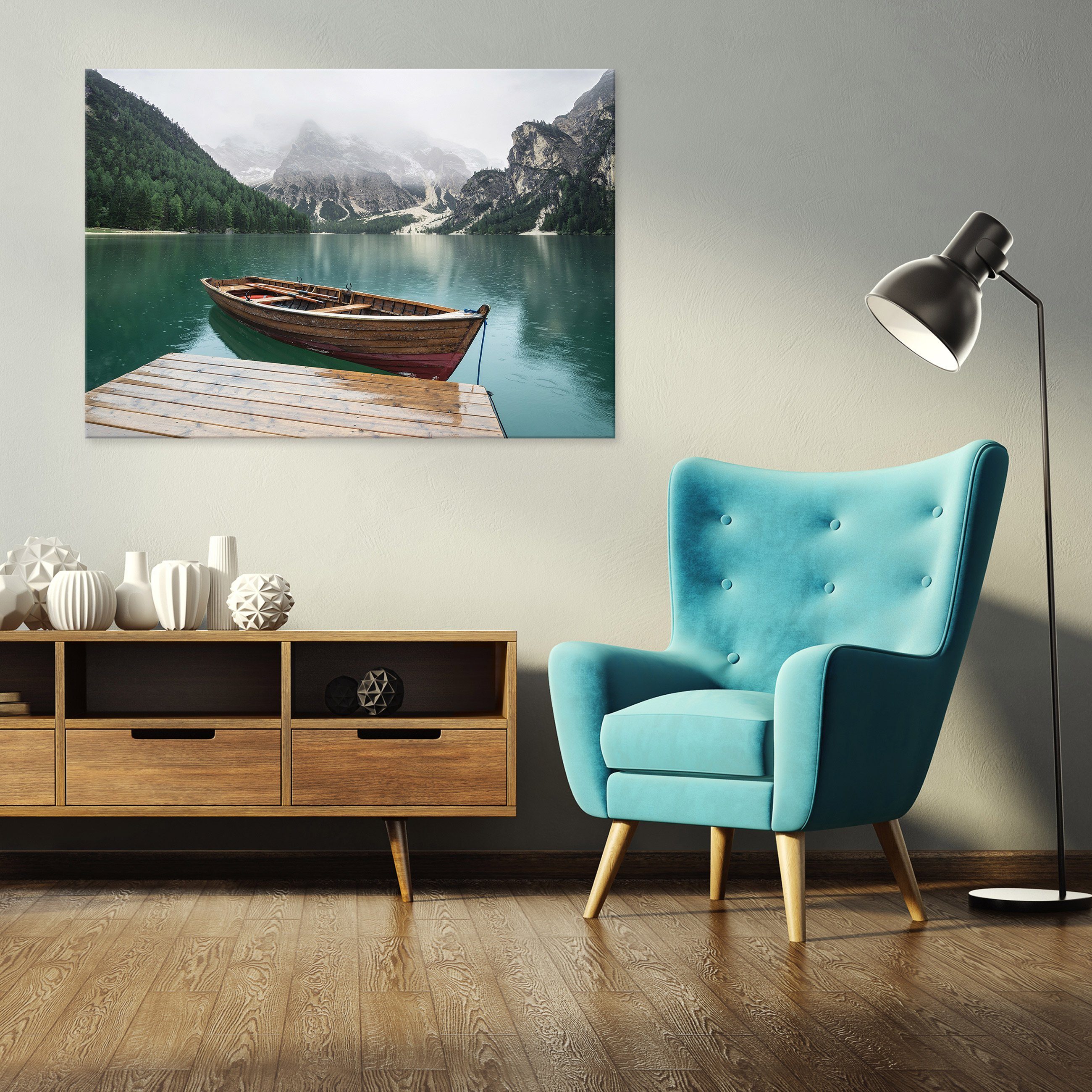 Bilder Bild Schlafzimmer Landschaft (Einteilig), Wallarena Modern, XXL See groß Leinwandbilder Leinwand Aufhängefertig Boot Berge Kunst Wohnzimmer auf Natur Wandbild Leinwandbild