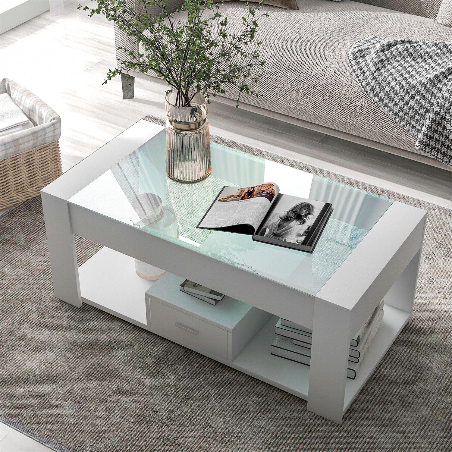 DOTMALL Glasplatte Weiß Wohnzimmer Stauraum Tischsitz Couchtisch mit